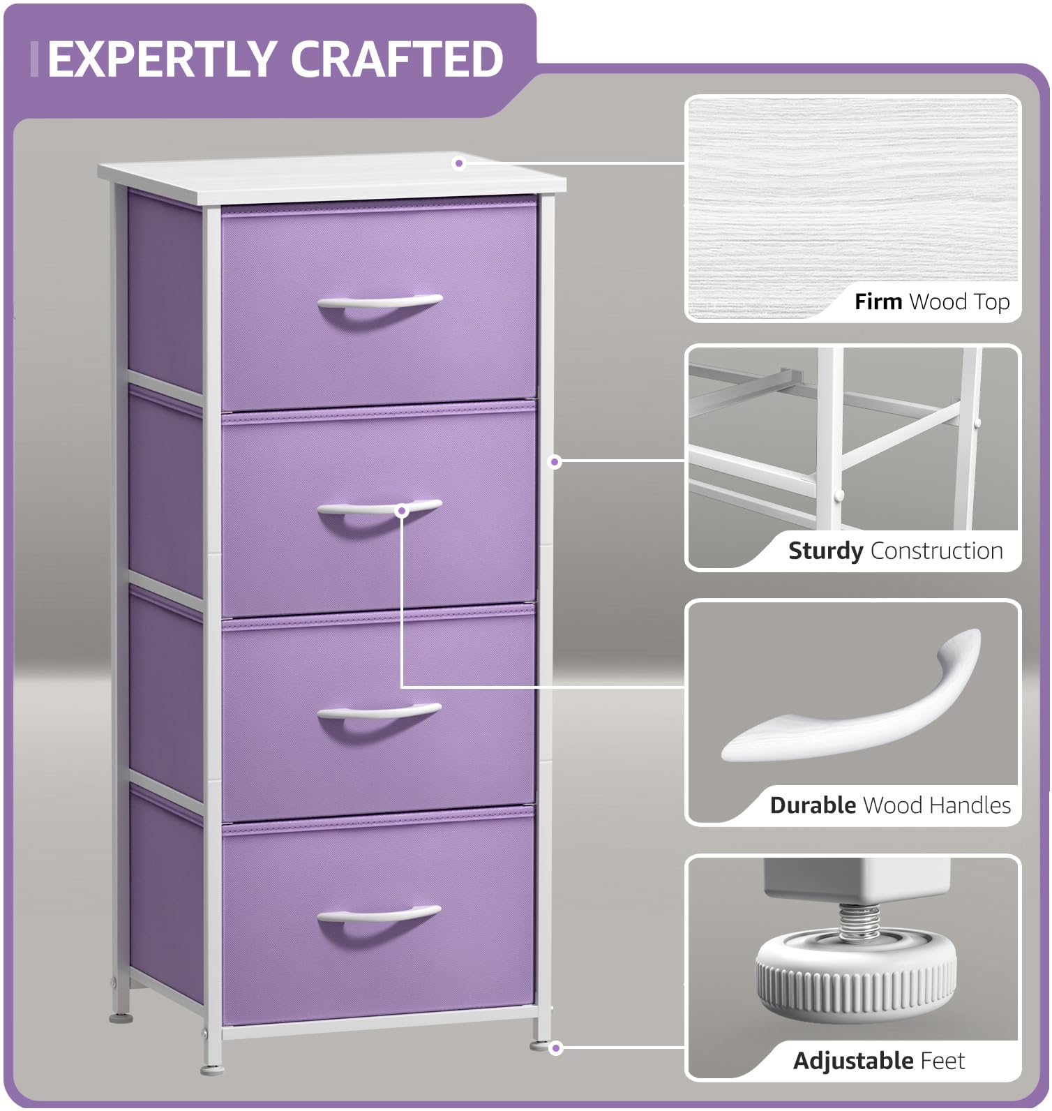 Sorbus 5-Drawer Dresser Storage Tower with Steel Frame & Wood Top - Fabric Bin Organizer for Closet, Bedroom, College Dorm - Kids Furniture for Boys & Girls (Purple) | Perfect for Small Spaces, Bedside Storage & Home Organization