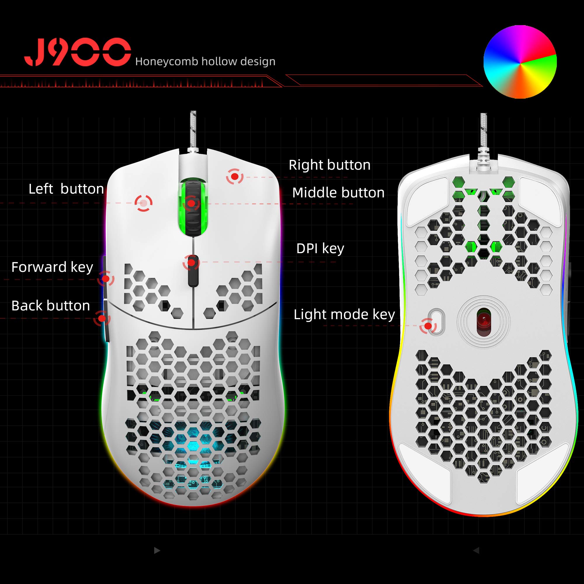 J900 Wired Gaming Mouse - 6 RGB Lighting Modes, 6400 DPI, Programmable USB Gaming Mouse with 6 Buttons & Honeycomb Shell Ergonomic Design for PC, Xbox, PS4 Gamers - White | Perfect for FPS, MOBA, and Esports Gaming