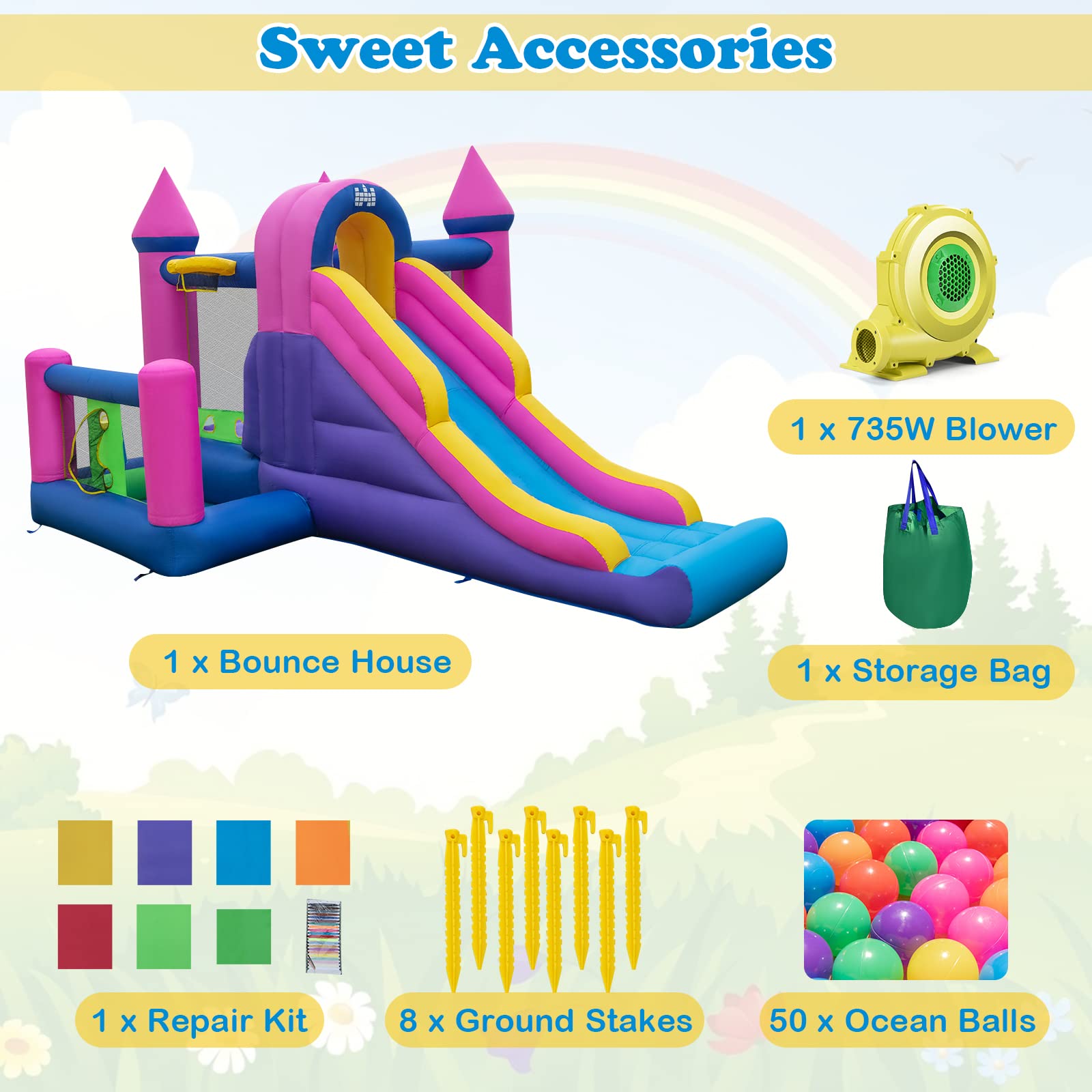 **GLACER Princess Inflatable Bounce House with Slide & Splash Pool – Kids Outdoor Jumping Castle for Backyard, Birthday Parties & Summer Fun – Includes Repair Kit, Ground Stakes & 735W Blower**