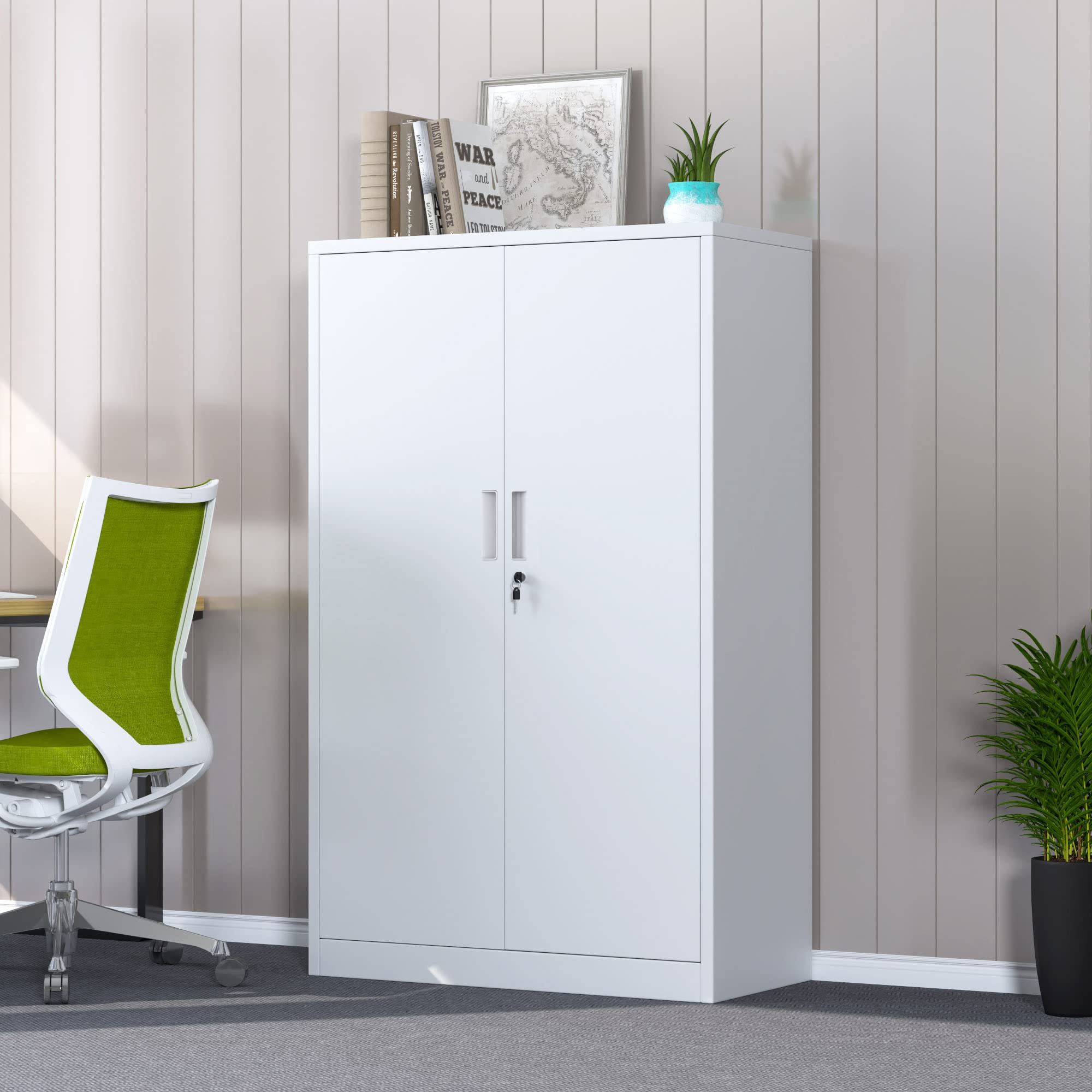 53.5-Inch White Metal Storage Cabinet with Locking Doors & 3 Adjustable Shelves - Secure Home Office, Garage, Kitchen Pantry Organizer for Files, Tools & Supplies