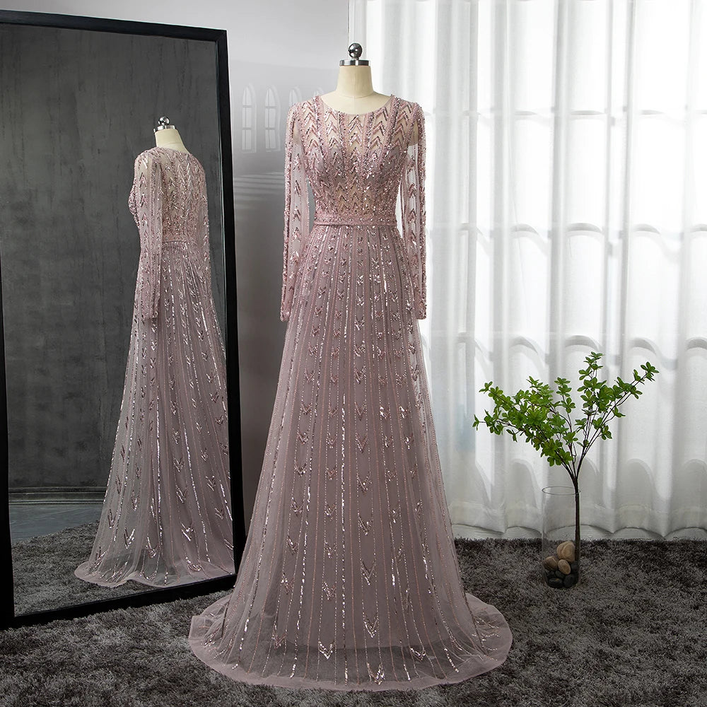 Elegant Pink Mermaid Evening Gown with Beaded Details - Long Sleeve O-Neck Formal Dress for Women - Perfect for Prom, Wedding Guest & Black Tie Events