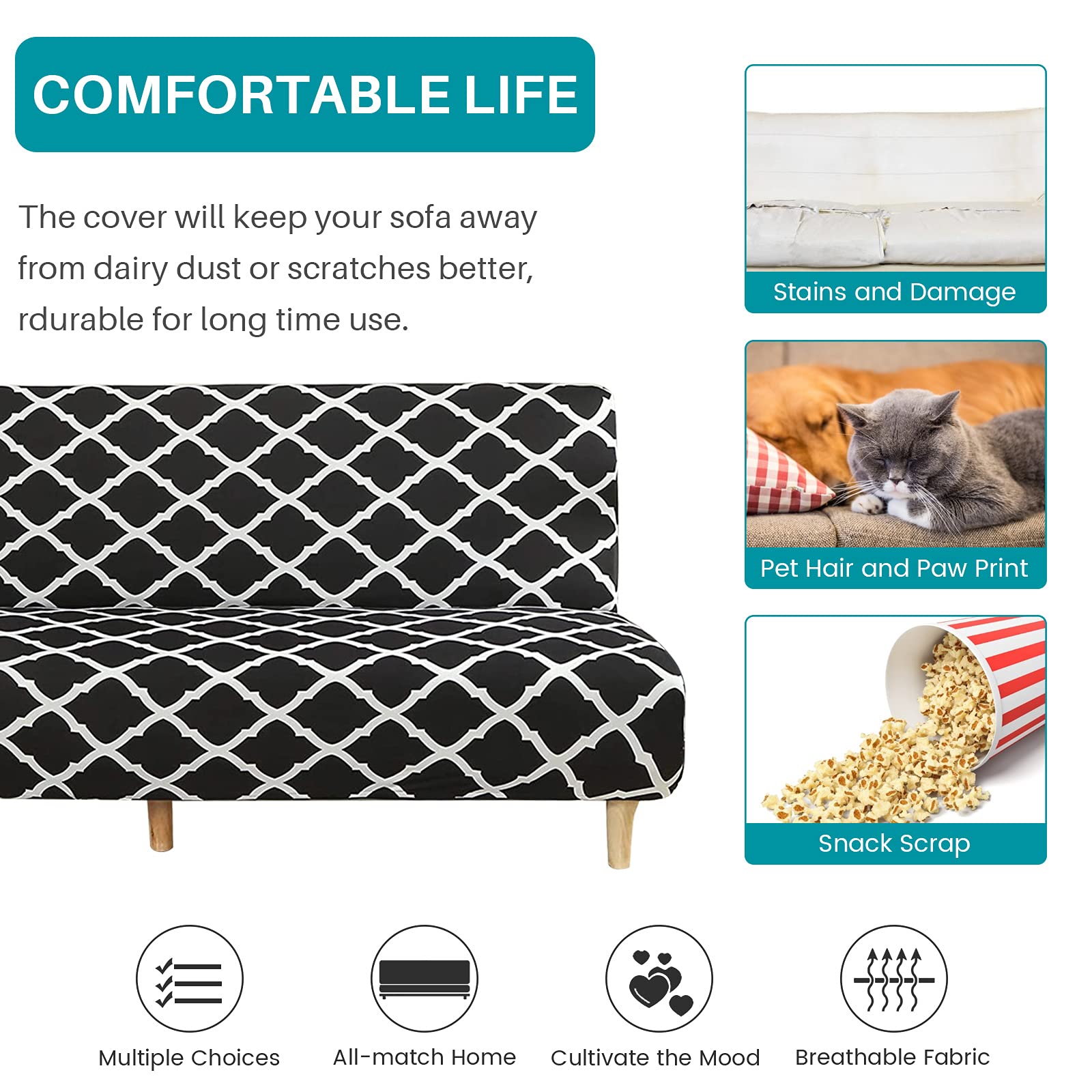 Beacon Pet Stretch Sofa Slipcover - Armless Futon Cover, Printed Fitted Furniture Protector - Elastic Polyester Spandex Washable Sofa Cover for Dogs & Cats - Perfect for Living Room, Bedroom, or Pet-Friendly Spaces