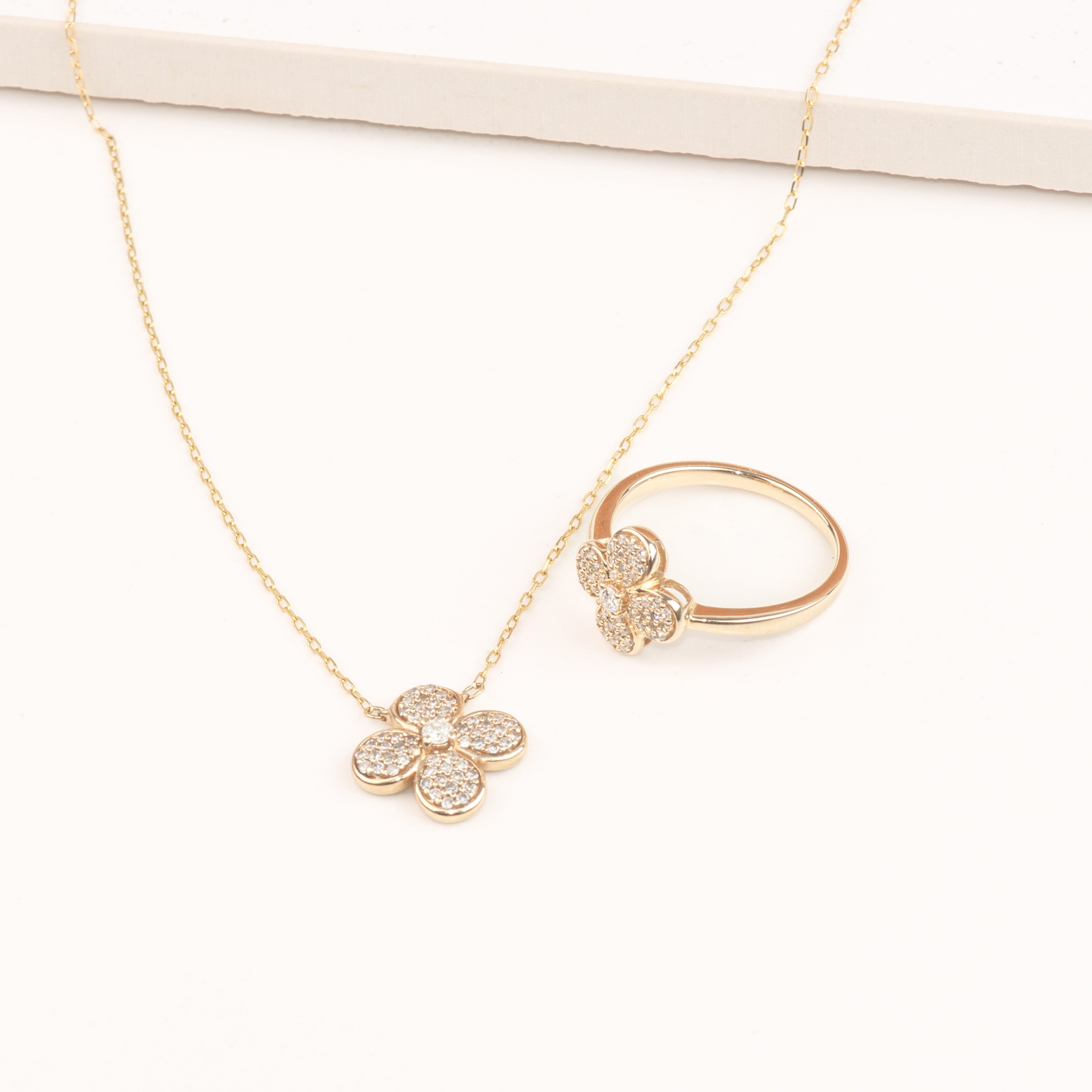 10k Yellow Gold Four Petal Diamond Pave Flower Necklace for Women - Elegant Floral Jewelry Gift for Anniversary, Valentine's Day & Special Occasions