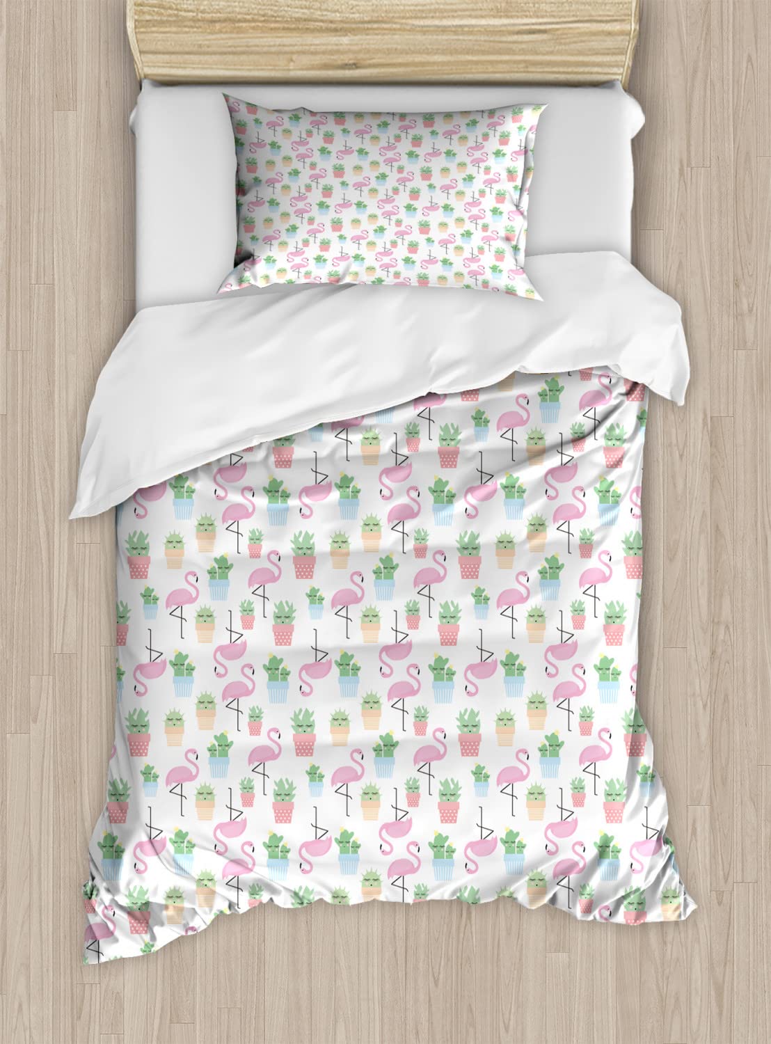 Ambesonne Cactus Duvet Cover Set - Tropical Flamingo & Plant Cartoon Print Bedding 2-Pack (Cal King Size) with 4 Pillowcases | Vibrant Multicolor Design for Beach House, Boho Bedroom & Tropical Themed Decor