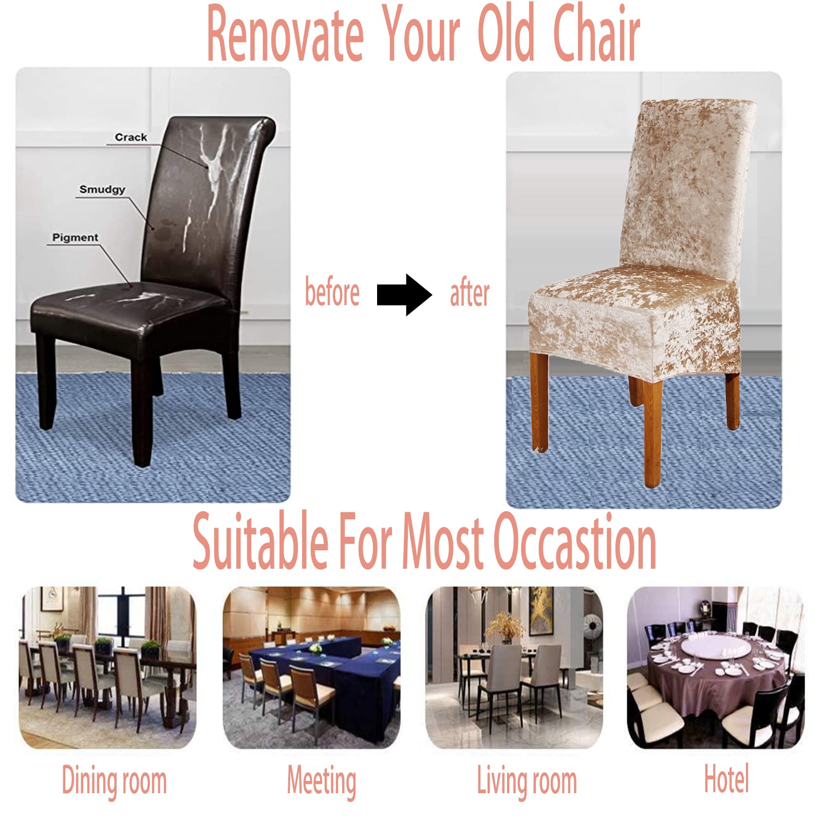 Luxury Crushed Velvet XL Dining Chair Covers - Stretchable Elastic Slipcovers for Chairs - Protective Seat Covers for Wedding, Banquet, Party & Home Decor - Champagne (Set of 4) | Perfect for Formal Dinners, Holiday Gatherings & Event Decorations
