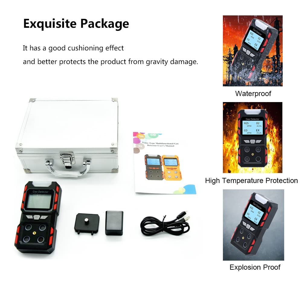 Portable 4-Gas Detector with Sound, Light & Vibration Alarms - Rechargeable Multi-Gas Monitor with LCD Backlight for Industrial Safety | Workplace, Confined Space & Hazardous Area Gas Detection