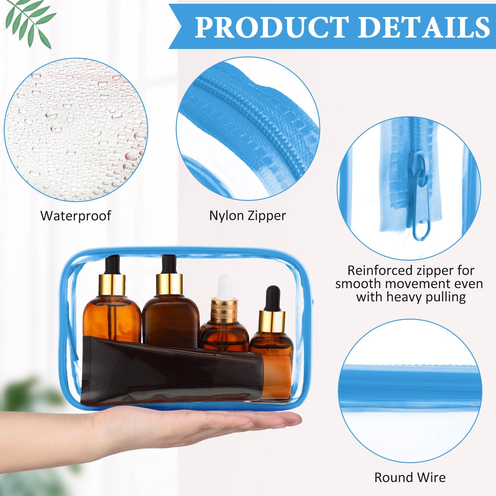 Saintrygo 18 Pack Clear Makeup Bags 7x5 Inch - PVC Cosmetic Travel Organizer with Zipper - Waterproof Toiletry Pouches for Women & Men - Perfect for Travel, Vacation, Bathroom Storage (Clear with Blue Border)