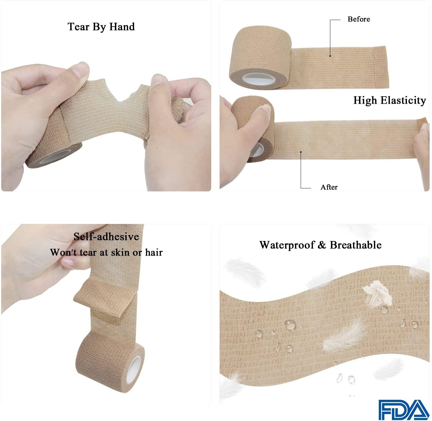 Vet Wrap Medical Tape - 2 Inch x 12 Pack Self Adhesive Cohesive Bandage for Wound Care, First Aid & Sports Injuries | Dark Skin Tone Fabric Bandages | Stretchy Self Sticking Wrap for Humans & Pets | Perfect for First Aid Kits, Veterinary Use & Athletic Support