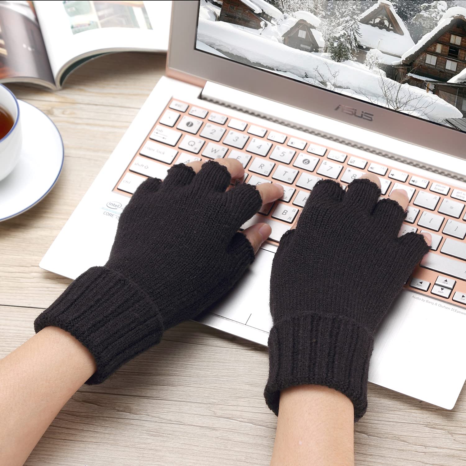 BYOS Unisex Winter Fingerless Knit Gloves with Ribbed Cuff - Warm Textured Gloves for Men & Women - Perfect for Driving, Typing & Outdoor Activities in Cold Weather