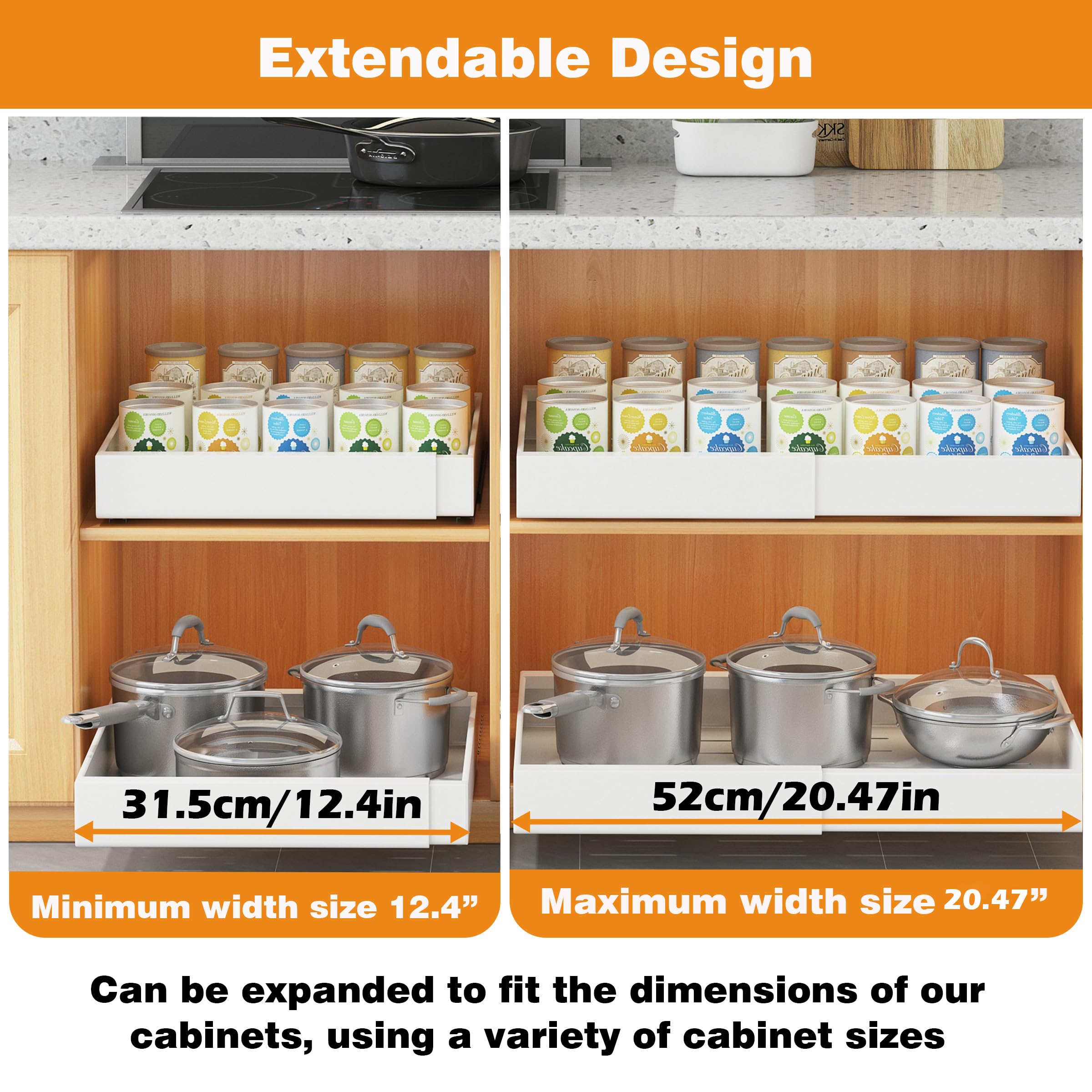 Pull Out Cabinet Organizer - Extendable Sliding Pantry Shelves for Kitchen, Bathroom & Closet Storage - Adjustable Width 12.4