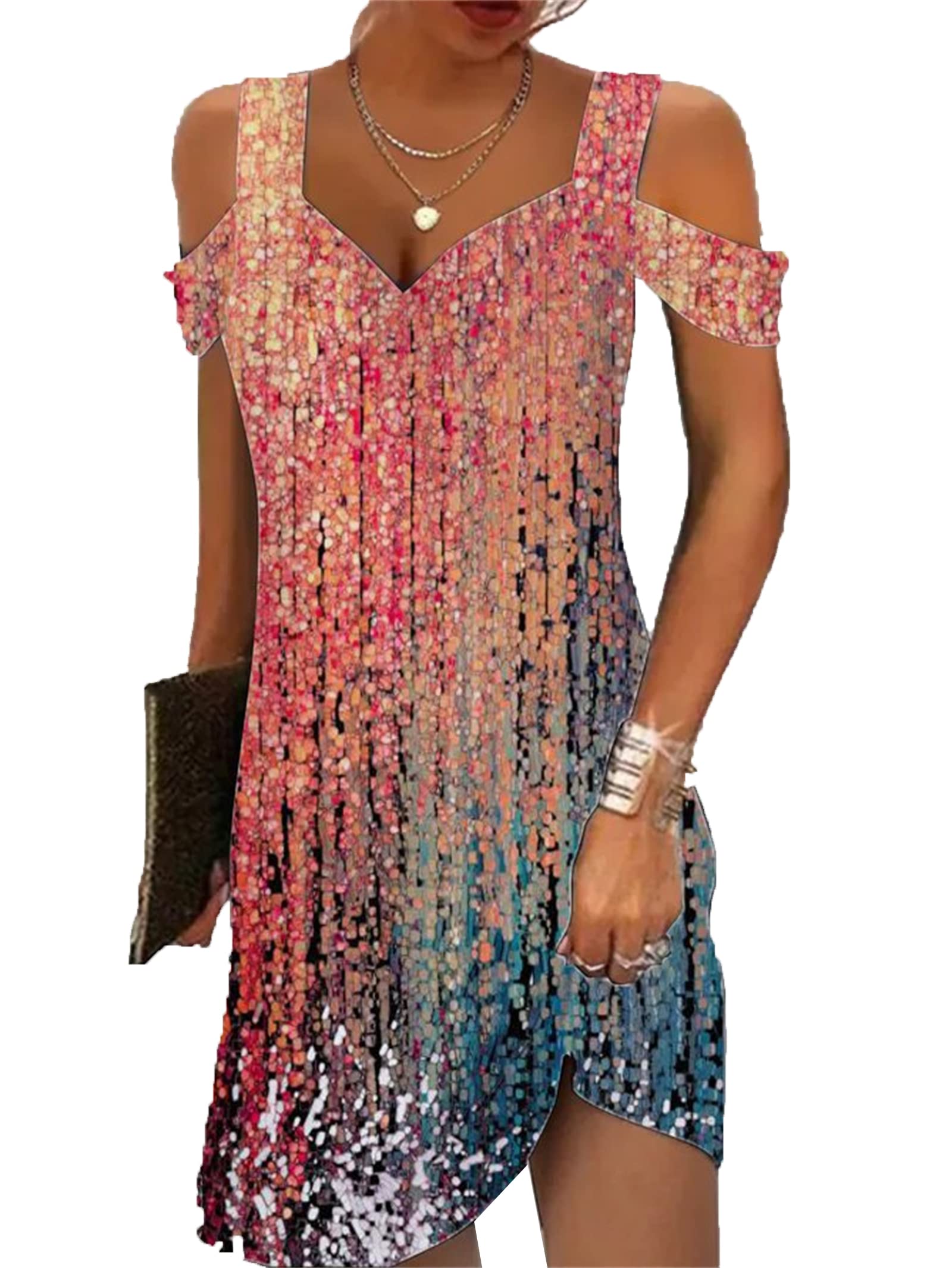 Trendy 2025 Summer Women's Cold Shoulder Boho Floral Print Mini Dress - V Neck Ethnic Tribal Marble Design for Casual Outings, Beach Vacations & Date Nights