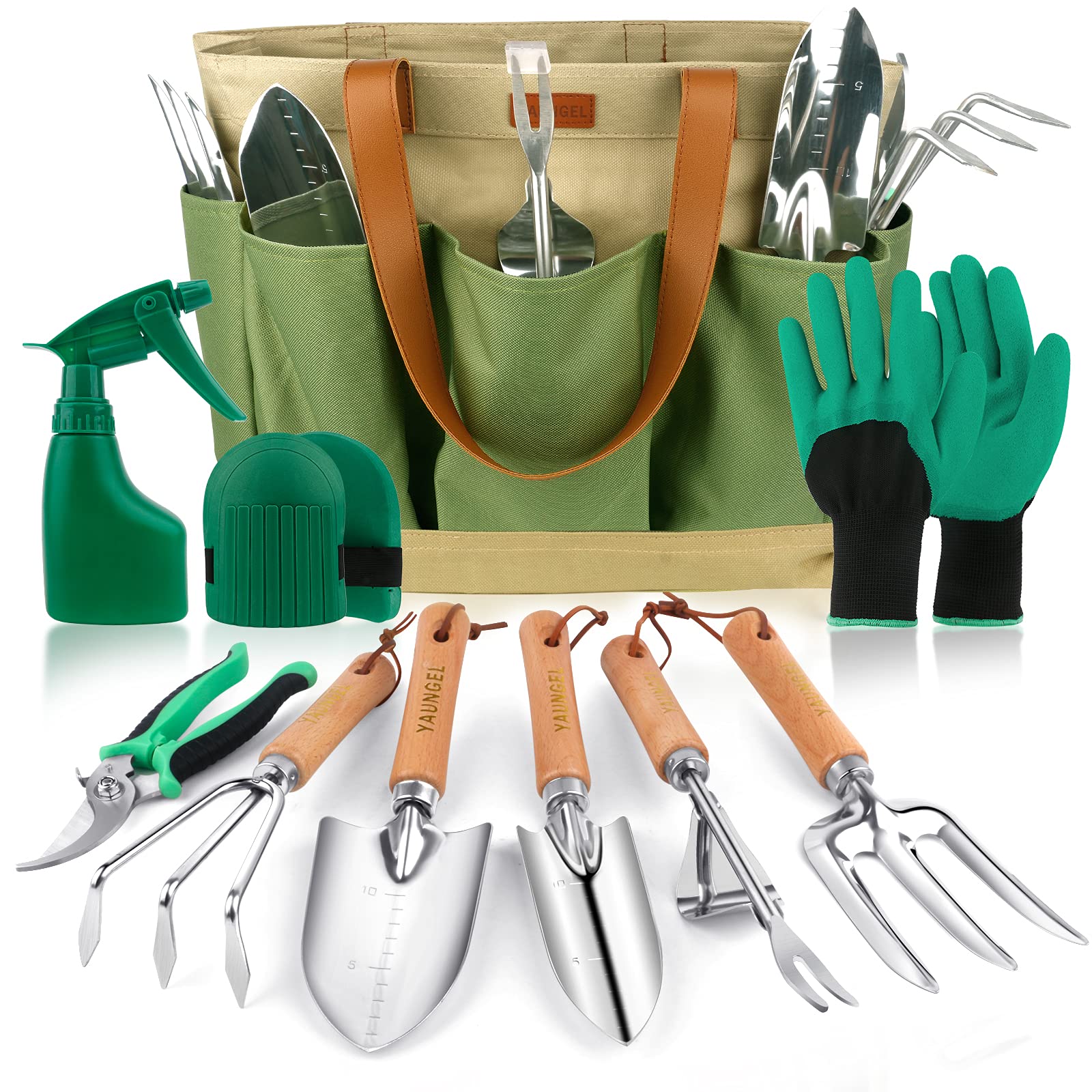 YAUNGEL 10-Piece Heavy Duty Stainless Steel Gardening Tool Set with Wooden Handle & Storage Tote Bag - Durable Garden Tools for Planting, Weeding, Digging - Perfect Gardening Gifts for Women & Men - Ideal for Backyard, Lawn Care & Outdoor Gardening Projects