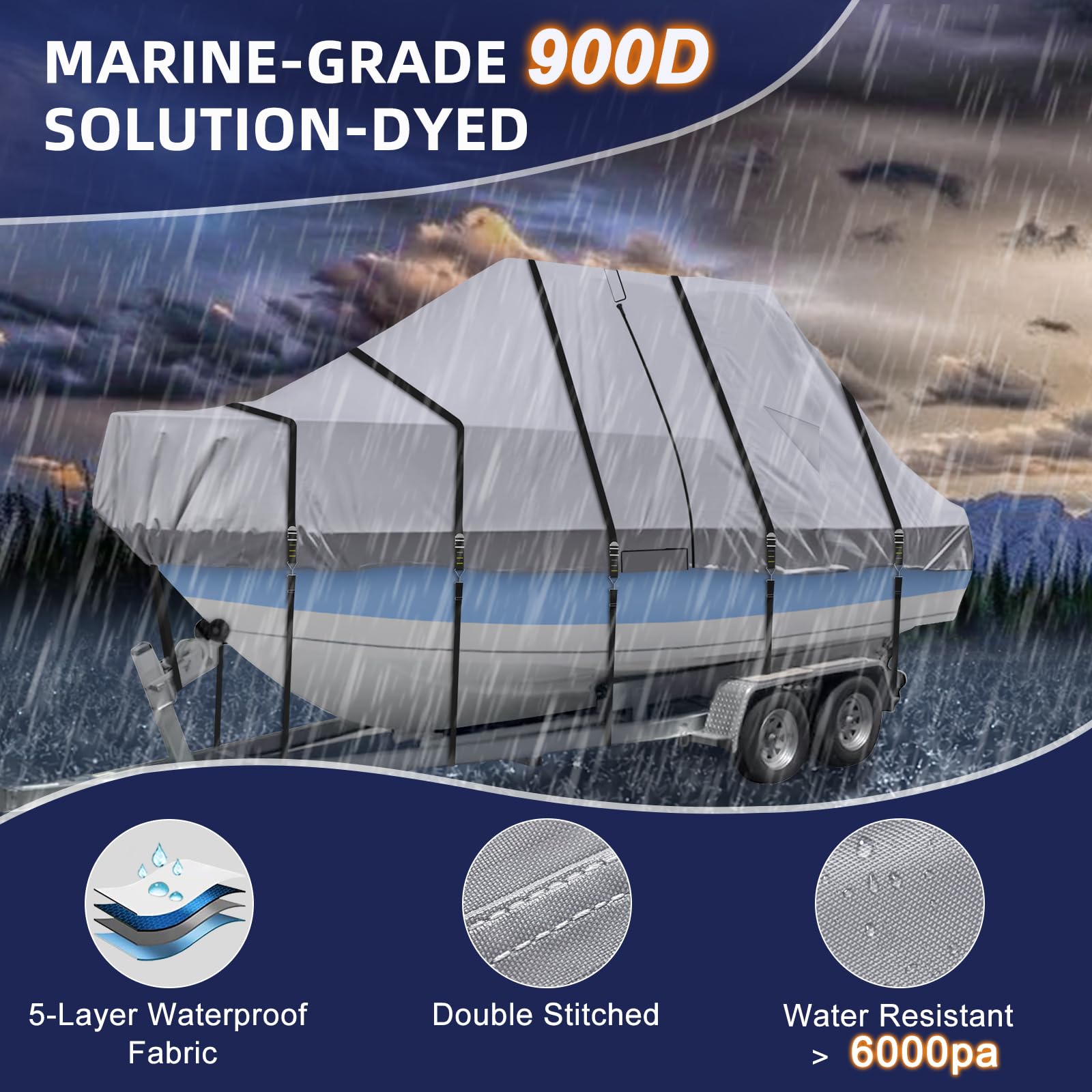 900D Heavy Duty Waterproof Boat Cover - T Top & Center Console Design, Fits Beam Width Up to 102