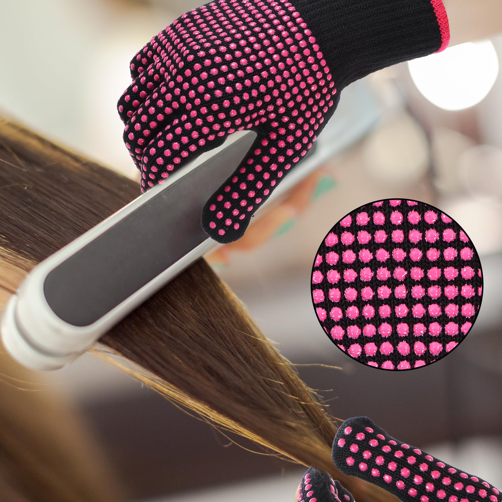 2 Pcs Heat Resistant Gloves with Double Silicone Bumps - Professional Heat Blocking Oven Mitts for Hair Styling Tools, Curling Irons, Flat Irons & Hot Air Brushes - Perfect for Salon, Home & Kitchen Use