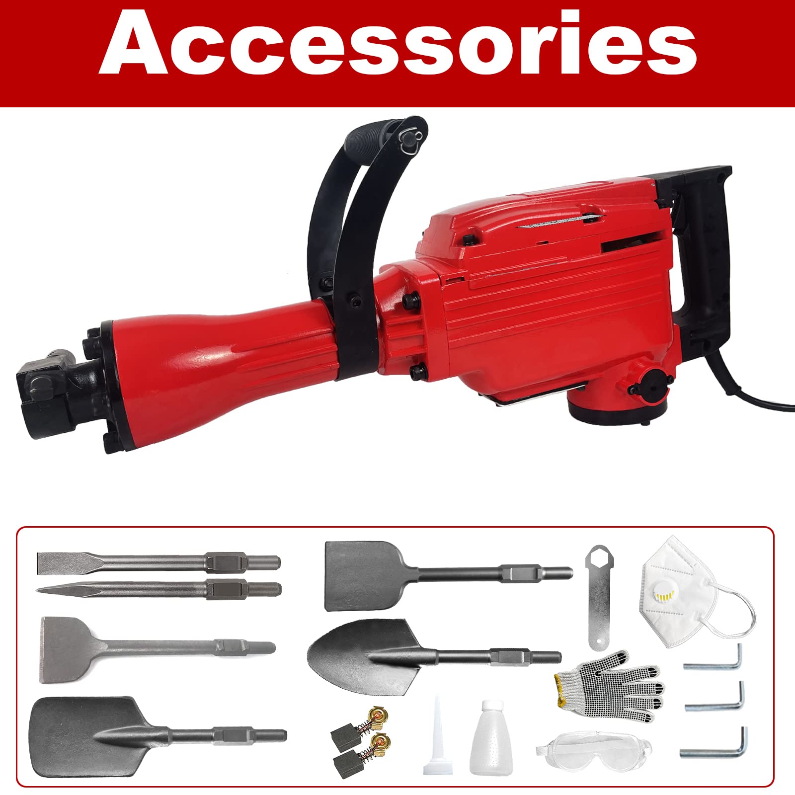 Demolition Electric Jack Hammer with 6pcs Chisel Bit - Heavy Duty Concrete Breaker Power Hammer for Construction, Road Repair & Home Renovation | Perfect for Demolishing Concrete Walls, Floors & Foundations