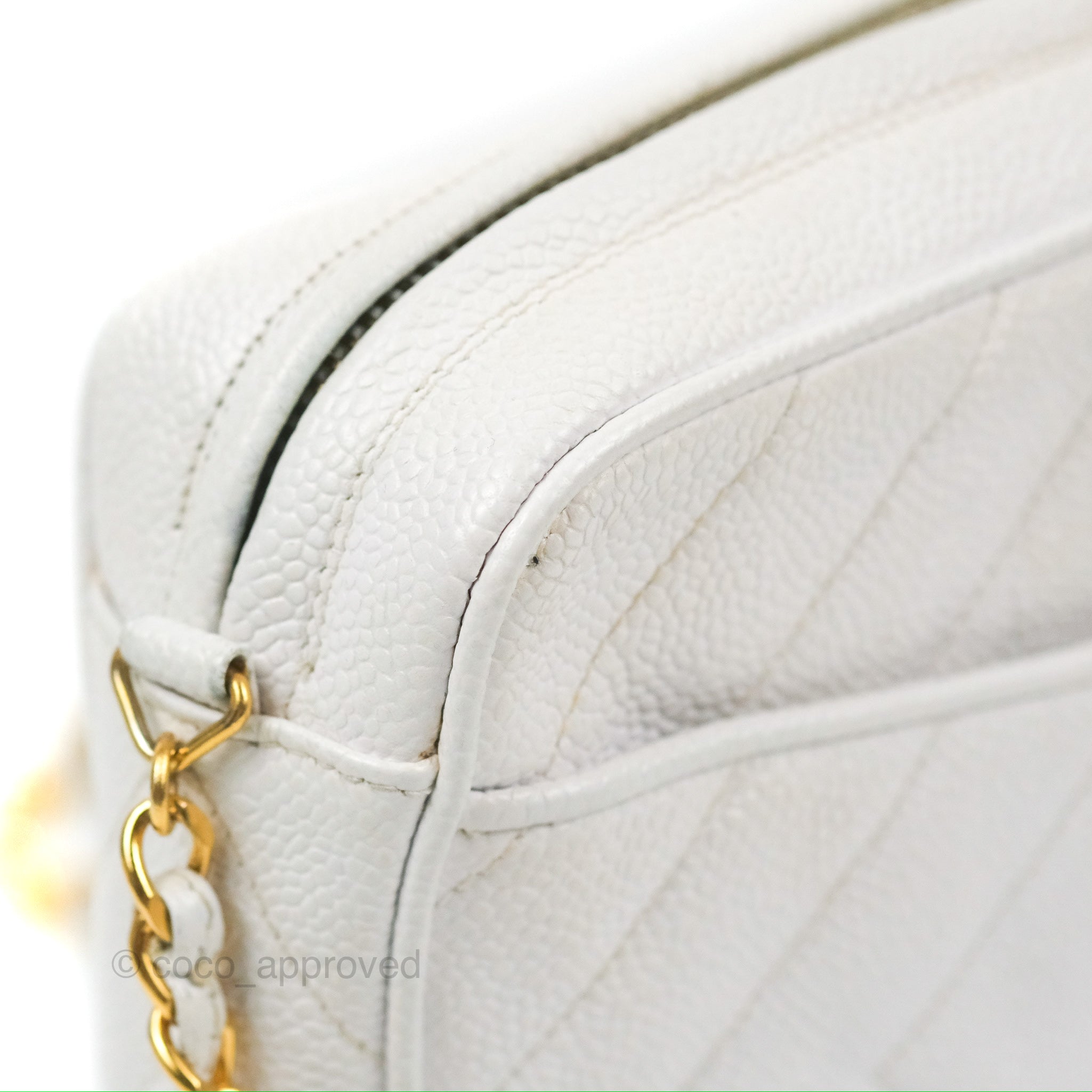 Chanel Chevron Quilted Tassel Camera Bag in White Caviar Leather with Gold Hardware - Perfect for Travel, Parties & Everyday Luxury