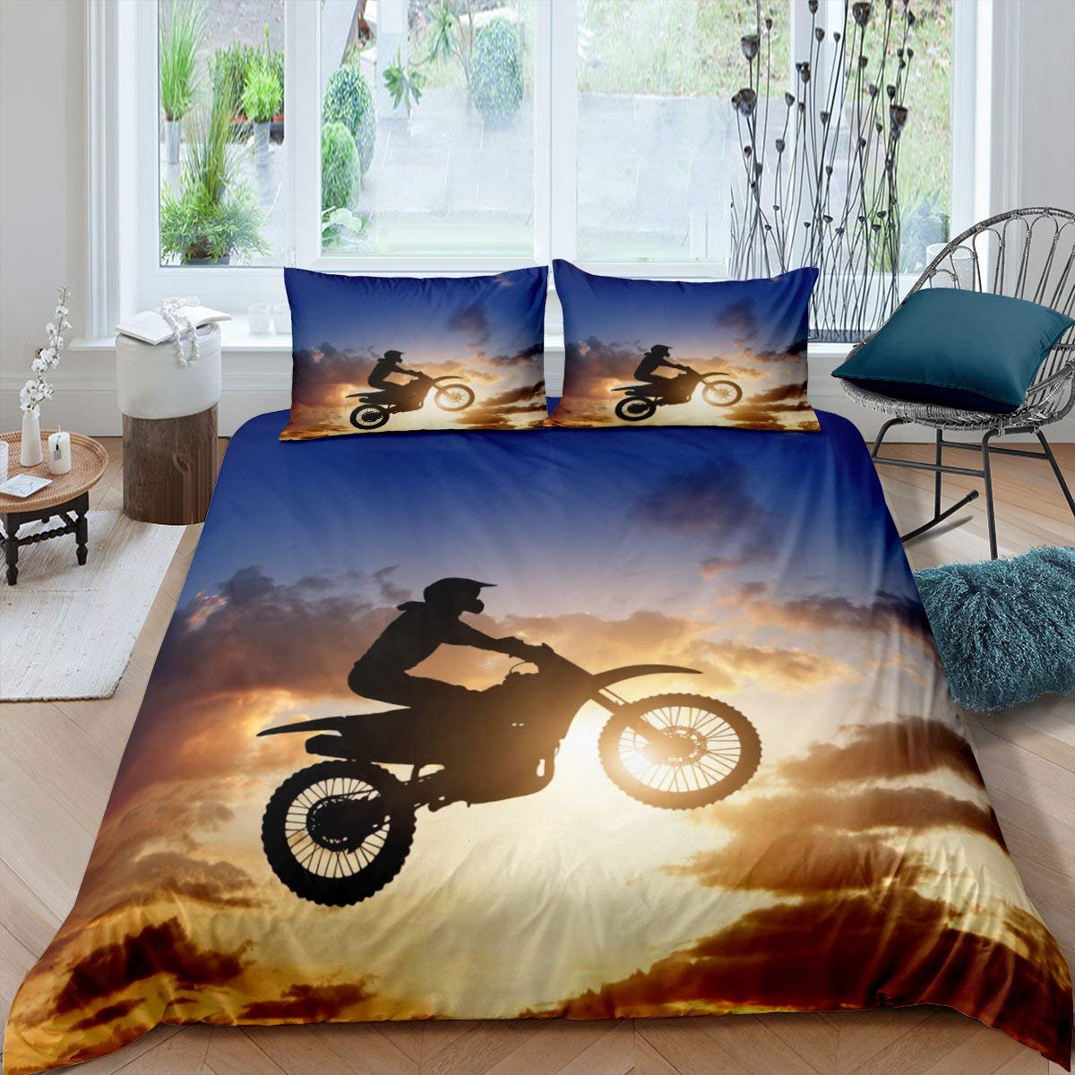Dirt Bike Duvet Cover Set - Motocross Rider Comforter Cover with Motorcycle Design for Twin Size Bed | Extreme Sports & Racing Themed Bedding for Kids, Boys, Teens & Adults | Perfect for Motorbike Enthusiasts' Bedrooms & Game Rooms (2-Piece Set)