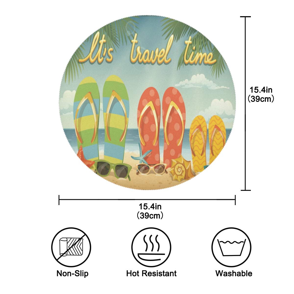 Wamika Summer Flip Flops Beach Round Placemat Set of 6 - 15.4 Inch Palm Tree Table Mats for Dining, Kitchen Decor - Perfect for Indoor Use, Beach Parties, and Tropical Themed Home Decor