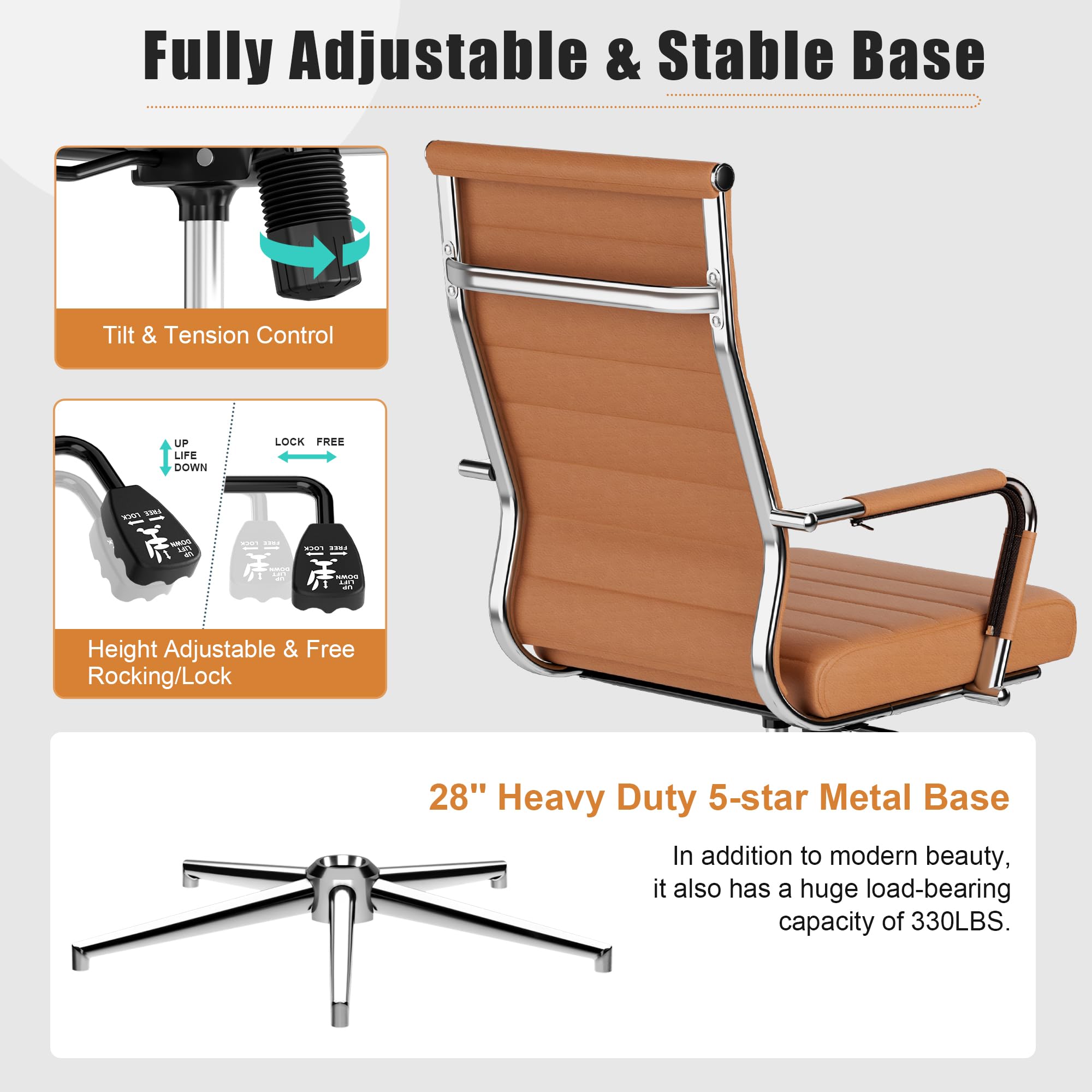Okeysen Ergonomic Leather Office Chair - Adjustable Height Swivel Rolling Executive Desk Chair for Home & Conference Room - Modern Ribbed Design (Brown) - Perfect for Long Work Hours & Professional Meetings
