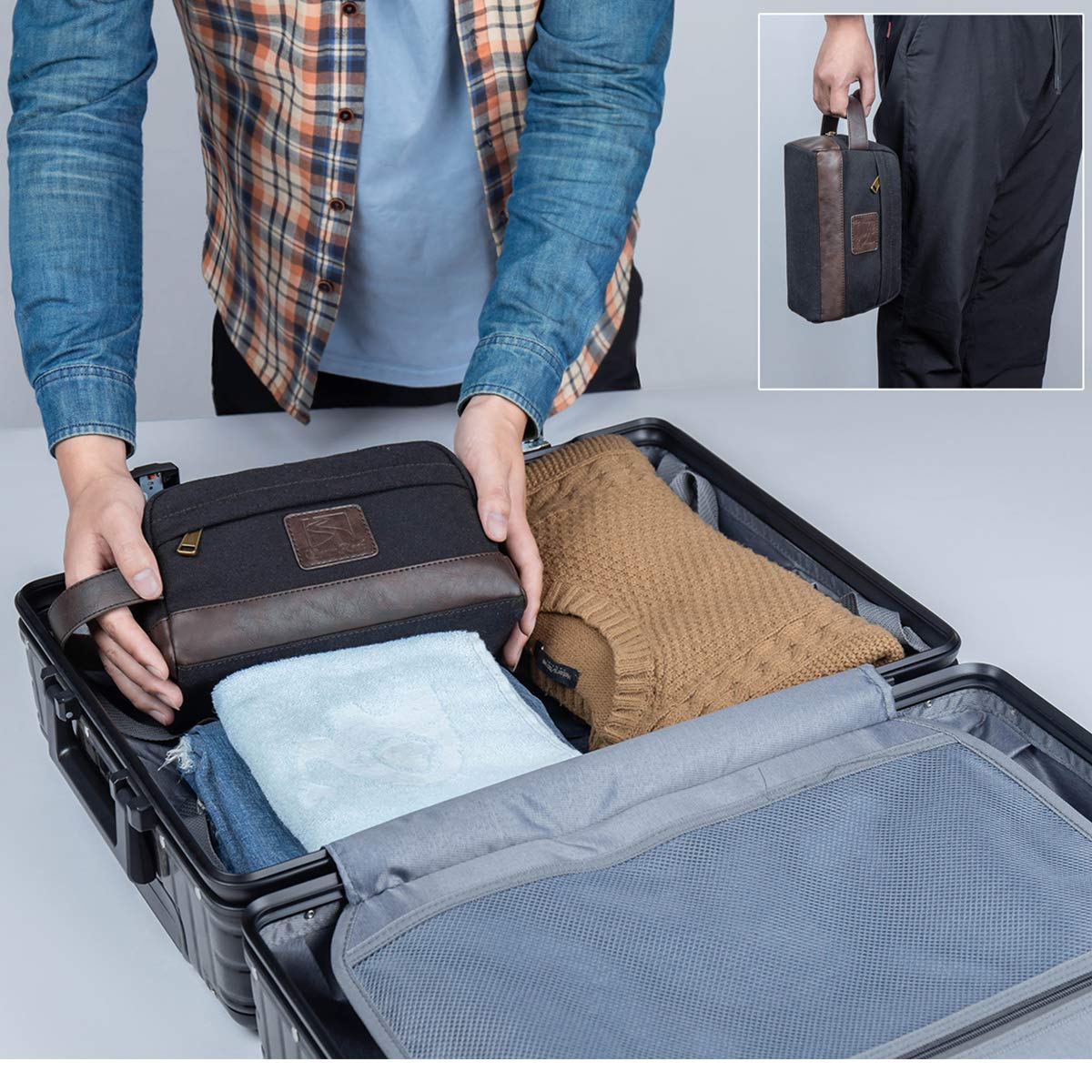 Water-Resistant Canvas & Vegan Leather Travel Toiletry Bag for Men & Women - Hanging Dopp Kit Organizer for Shaving Essentials & Toiletries Accessories - Perfect for Camping, Gym, Business Trips & Vacation Travel