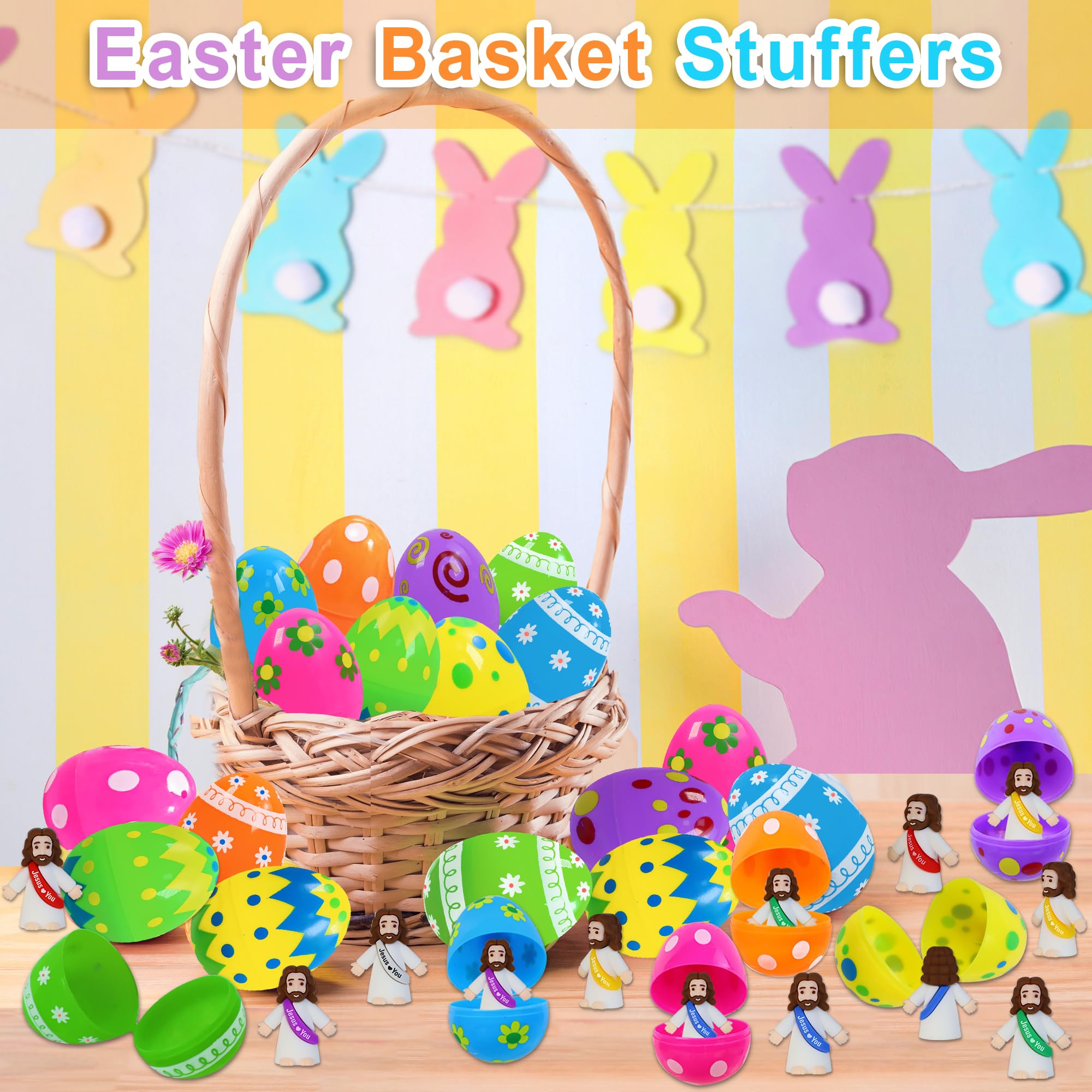 24 Pcs Prefilled Easter Eggs with Mini Jesus Figures - Easter Egg Hunt Toys, Easter Basket Stuffers, Party Favors for Kids & Toddlers - Perfect for Classroom Prizes, Easter Gifts & Holiday Celebrations