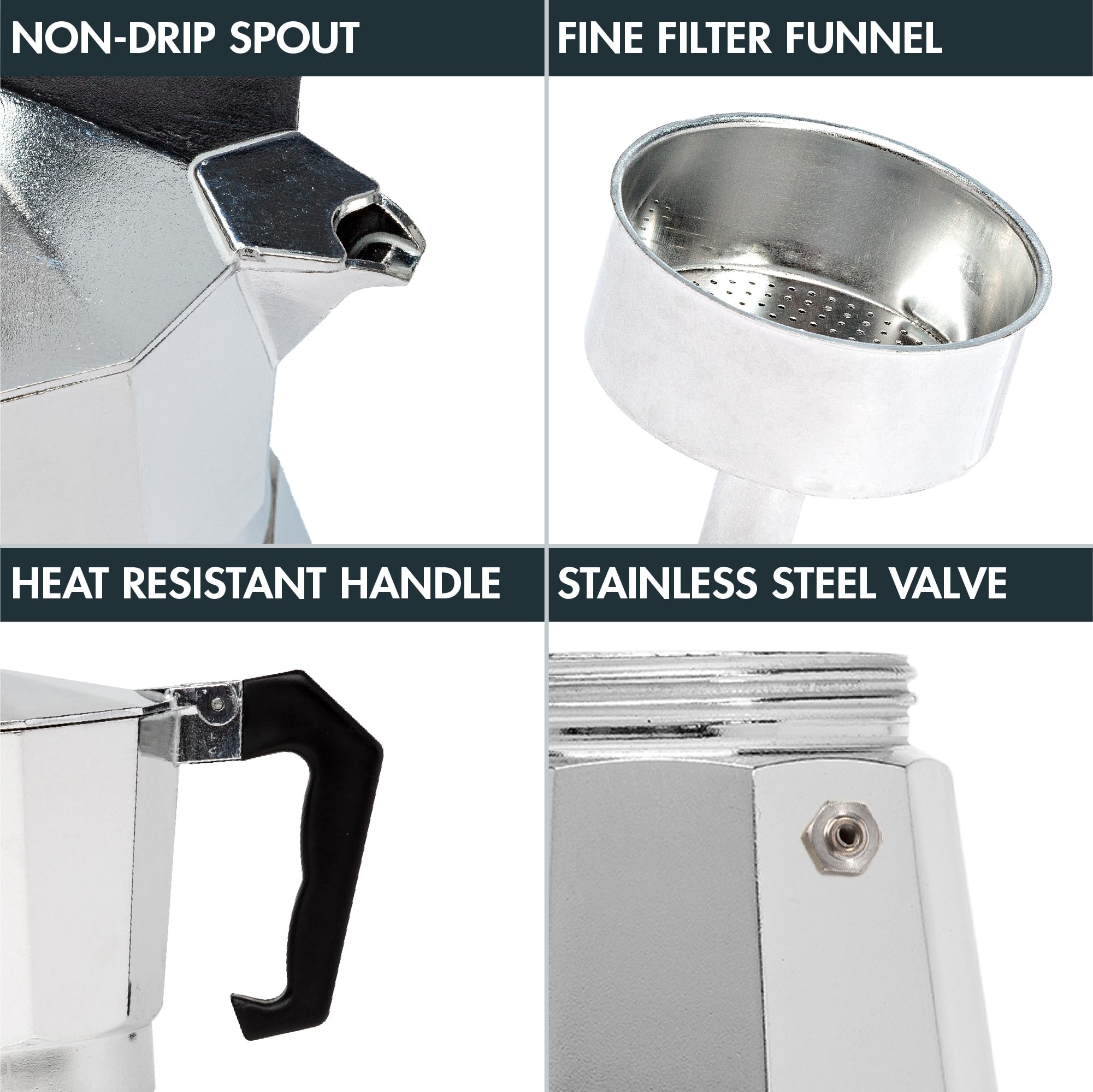 Primaria Classic Stovetop Espresso Maker - 6 Cup Italian Moka Pot for Authentic Cuban & Italian Coffee - Stainless Steel Stove Top Coffee Brewer for Home & Office Use