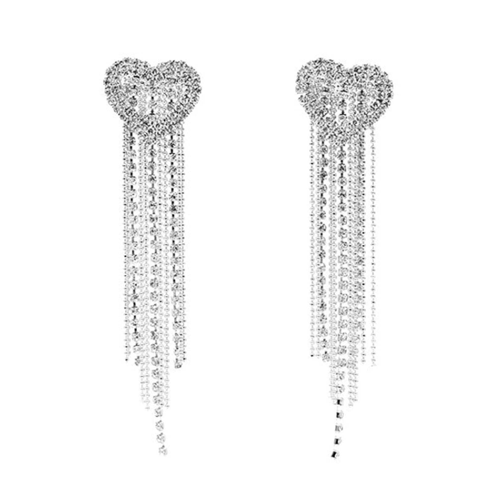 Sparkling Heart Dangle Earrings for Women - Diamond Fashion Jewelry with Rhinestone Tassels, Elegant Silver Stud Earrings for Wedding & Party (8.5cm x 2.2cm) | Perfect for Bridal Accessories, Date Night & Special Occasions