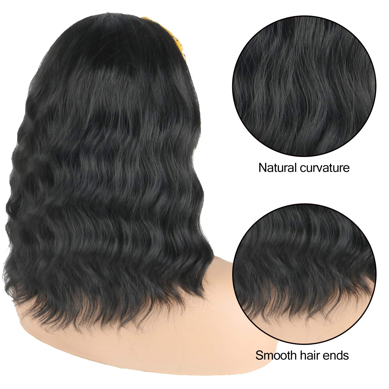 Short Curly Headband Wigs for Black Women - 14 Inch Black Wavy Synthetic Wigs with Attached Headband & Ice Silk Turban - Body Wave Head Wrap Wigs for Women - Perfect for Daily Wear, Cosplay, and Protective Hairstyles