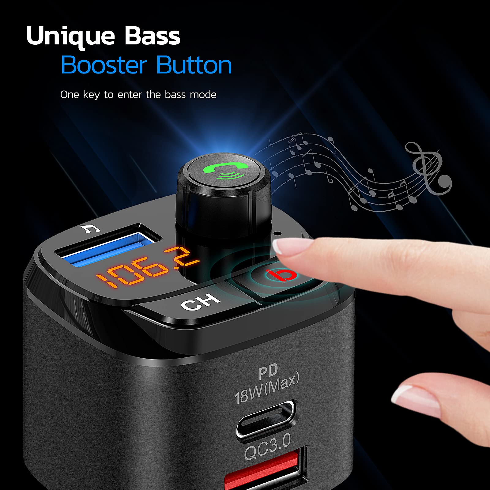 Nulaxy NX12 Bluetooth 5.0 FM Transmitter for Car with QC3.0 & USB-C PD 18W Fast Charging | Wireless Bluetooth Radio Adapter | Hands-Free Calling & Bass Boost Music Player | Perfect for Road Trips & Commuting