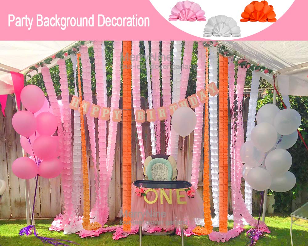 Reusable Party Streamers - 6 Pack 11.81ft/3.6M Four-Leaf Clover Paper Flower Garland for St. Patrick's Day, Wedding, Birthday Party Decorations (Pink, White, Orange) - Perfect for Baby Showers, Bridal Showers & Holiday Celebrations
