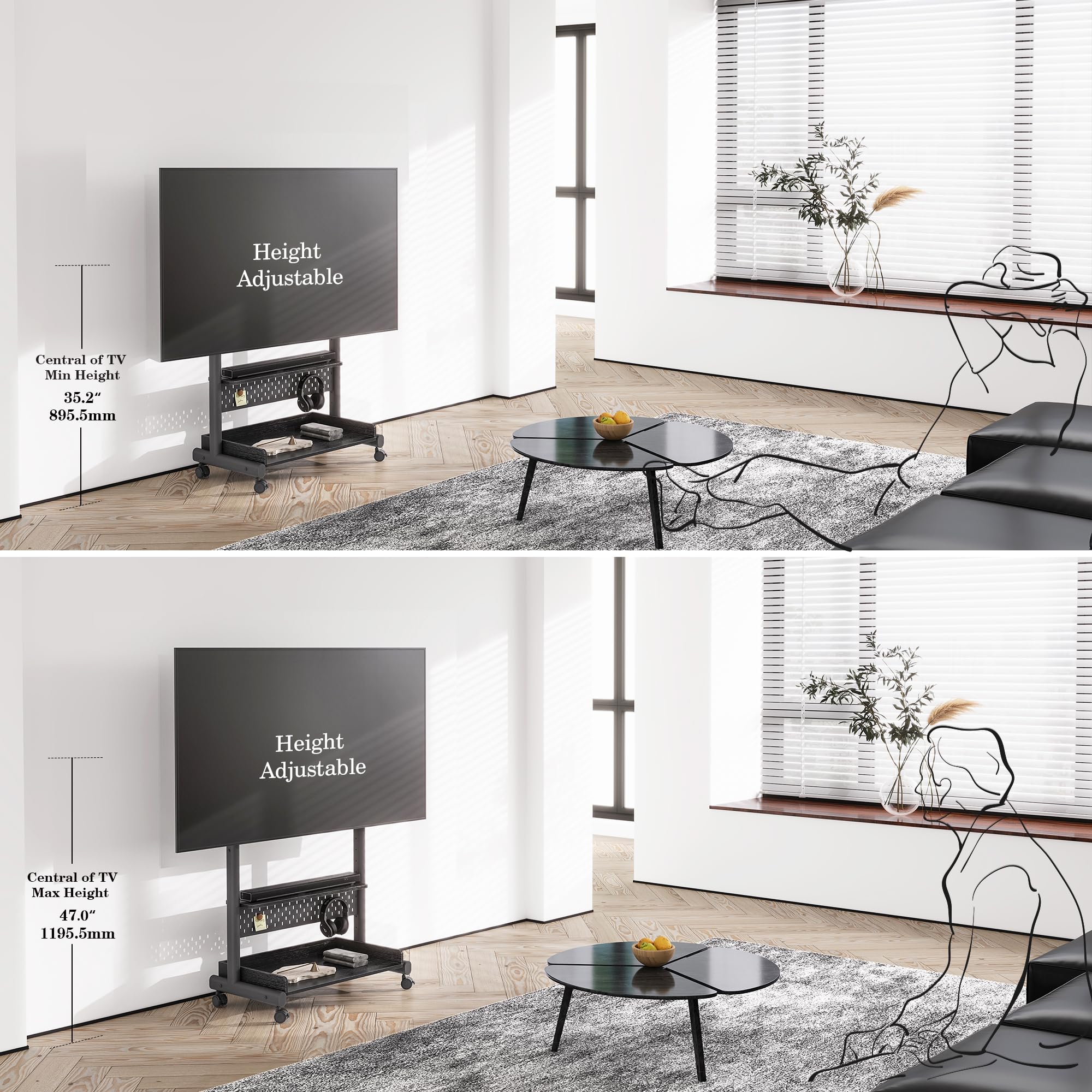FITUEYES Rolling TV Stand for 40-85 Inch TVs - Mobile Floor TV Cart with Wheels & Wooden Shelf, Supports Up to 132 lbs - Perfect for Living Room, Bedroom, Office, or Dorm Room Entertainment Setup