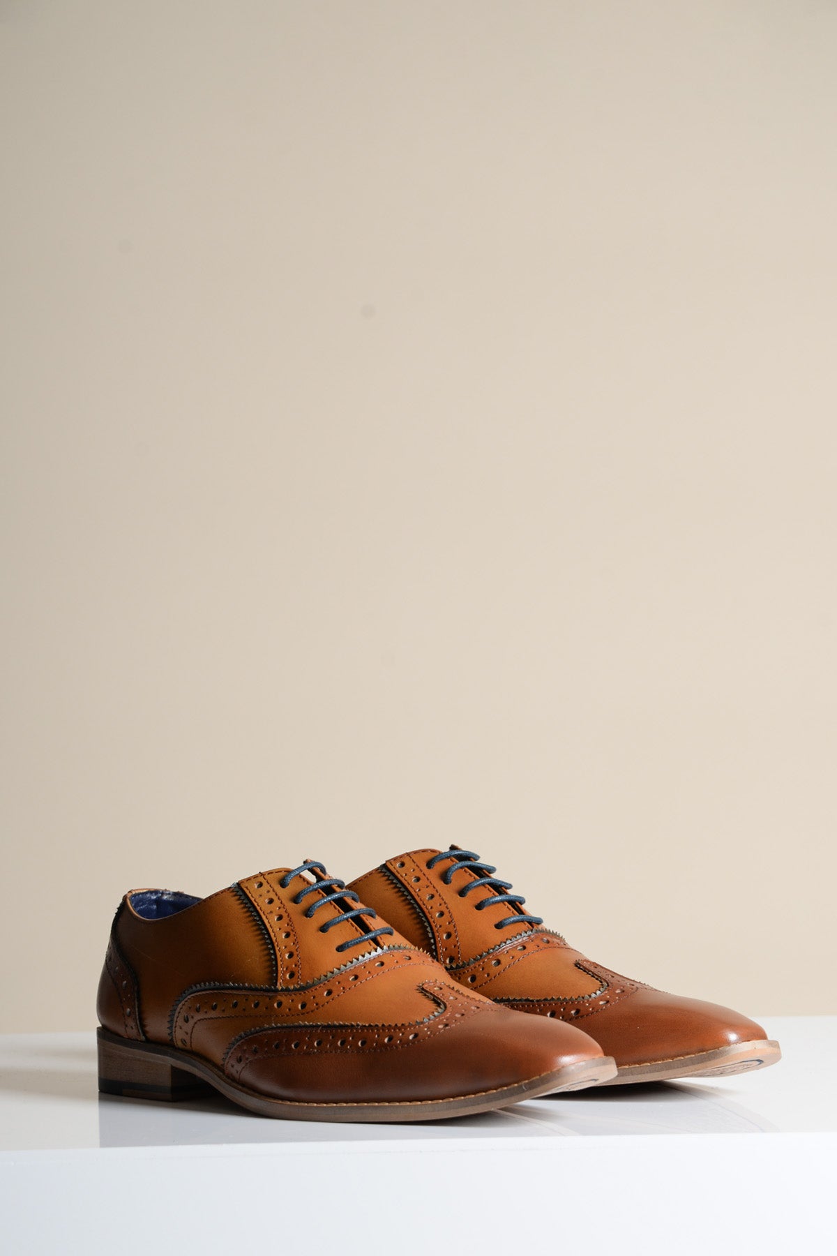 MARCO Tan Navy Leather Wingtip Oxford Shoes for Men - Classic Dress Shoes for Business, Wedding & Formal Occasions