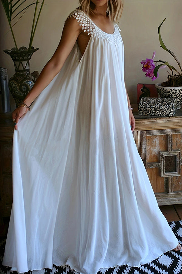 Elegant Solid Color Tassel Round Neck Loose Maxi Dress for Women | Summer Beach Wedding Party Wear | Flowy Boho Chic Stitching Dress