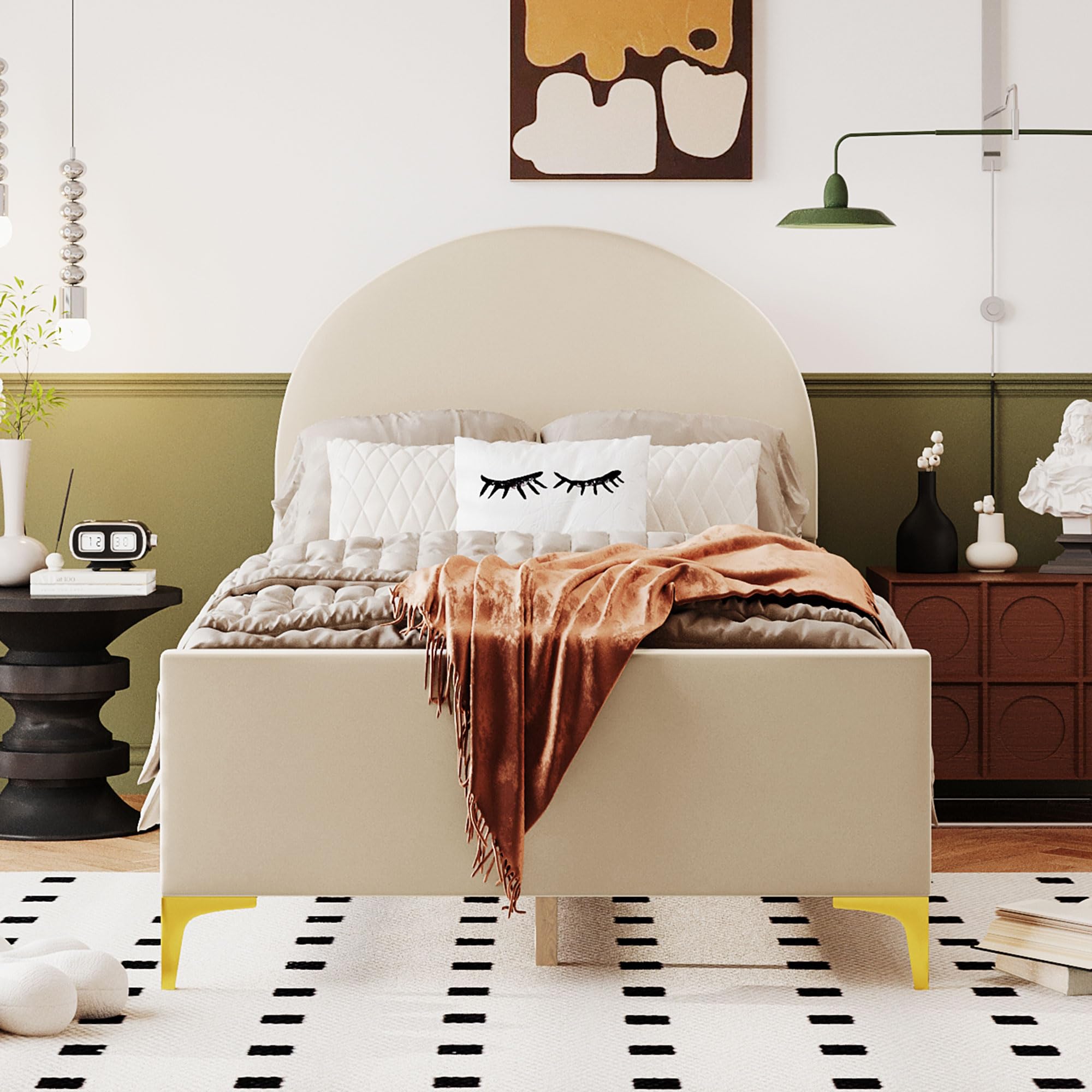 P PURLOVE Twin Upholstered Platform Bed - Modern Velvet Bed Frame with Semi-Circle Headboard & Metal Legs, Sturdy Wood Support for Boys, Girls & Teens (Beige) - Perfect for Bedrooms, Dorms & Guest Rooms