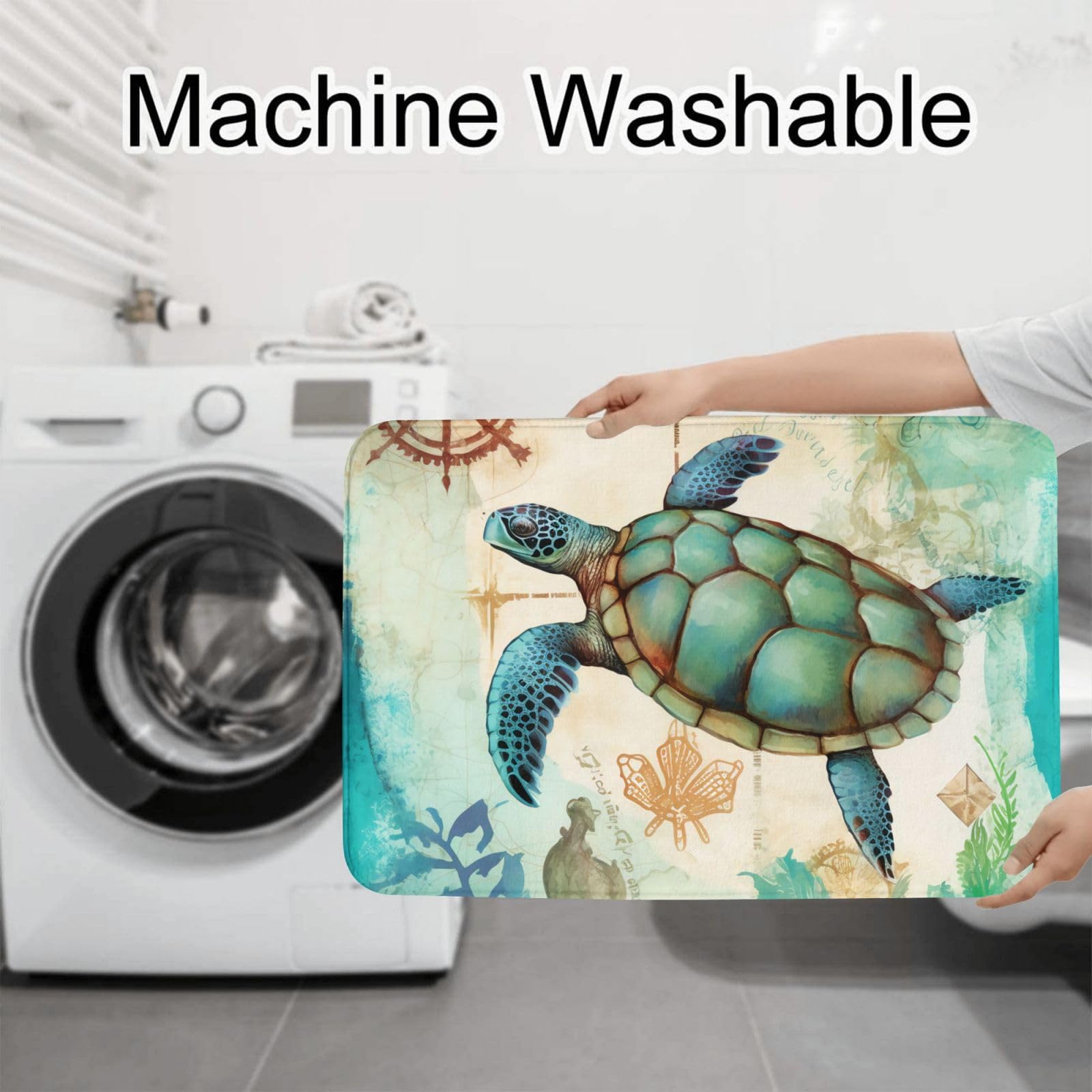 Ocean Turtle Sea Bath Rugs 3-Piece Set - Non-Slip Flannel Bathroom Mats, U-Shaped Toilet Pedestal Rug & Toilet Lid Cover - Soft & Absorbent for Bathroom, Beach House & Coastal Decor