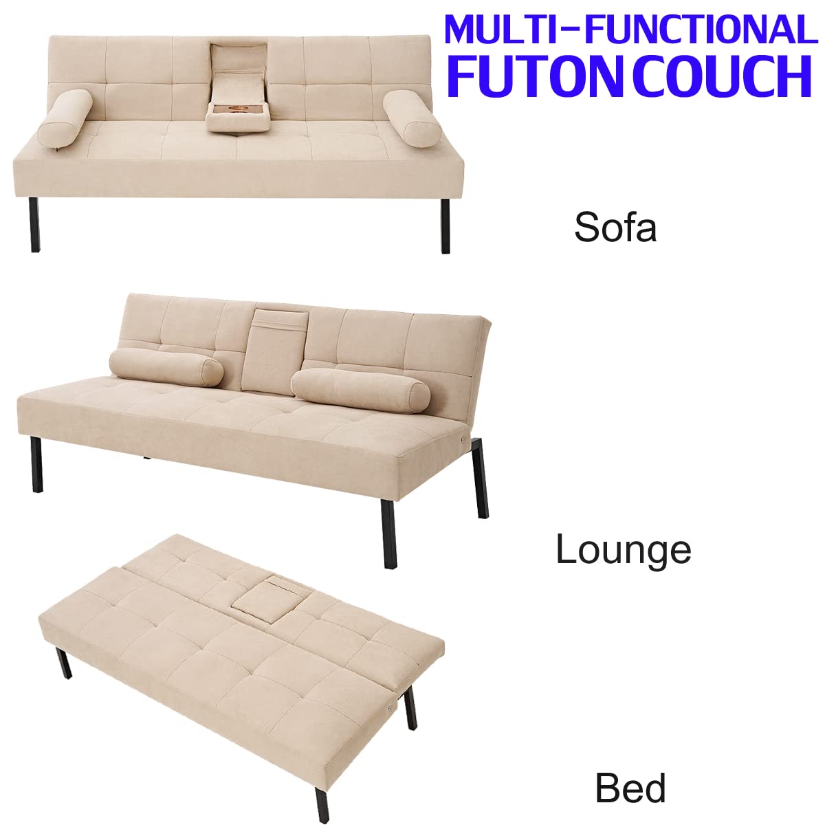 Panana Modern Convertible Futon Sofa Bed - Linen Fabric Upholstered, 5-Angle Adjustable with 2 Cup Holders, Beige | Space-Saving Daybed & Guest Bed for Small Apartments, Dorms & Home Offices