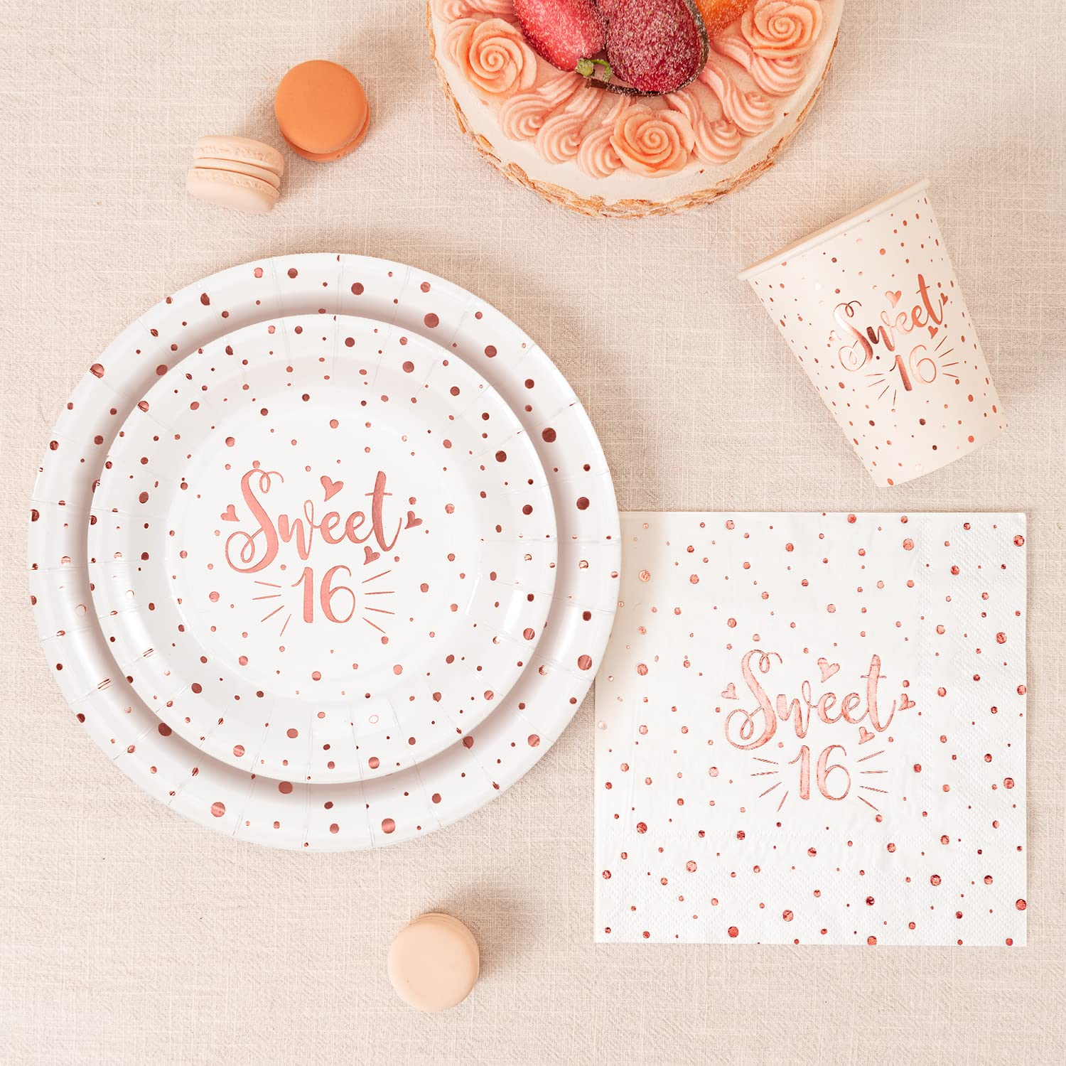 Sweet 16 Birthday Party Supplies - Rose Gold Disposable Tableware Set (24-Pack: 9