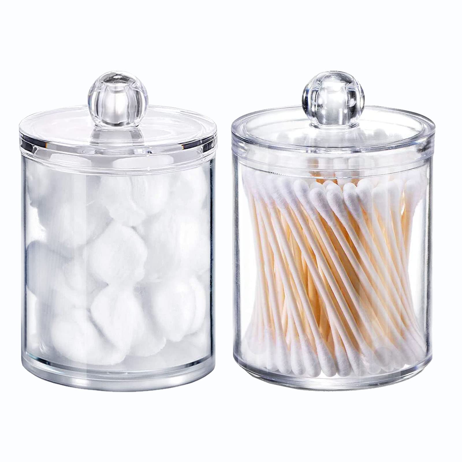 10 oz Clear Plastic Apothecary Jar Set - Q-Tip Holder & Cotton Ball Dispenser for Bathroom Storage | Vanity Organizer for Swabs & Round Pads | Perfect for Makeup Counter, Spa, and Salon Organization