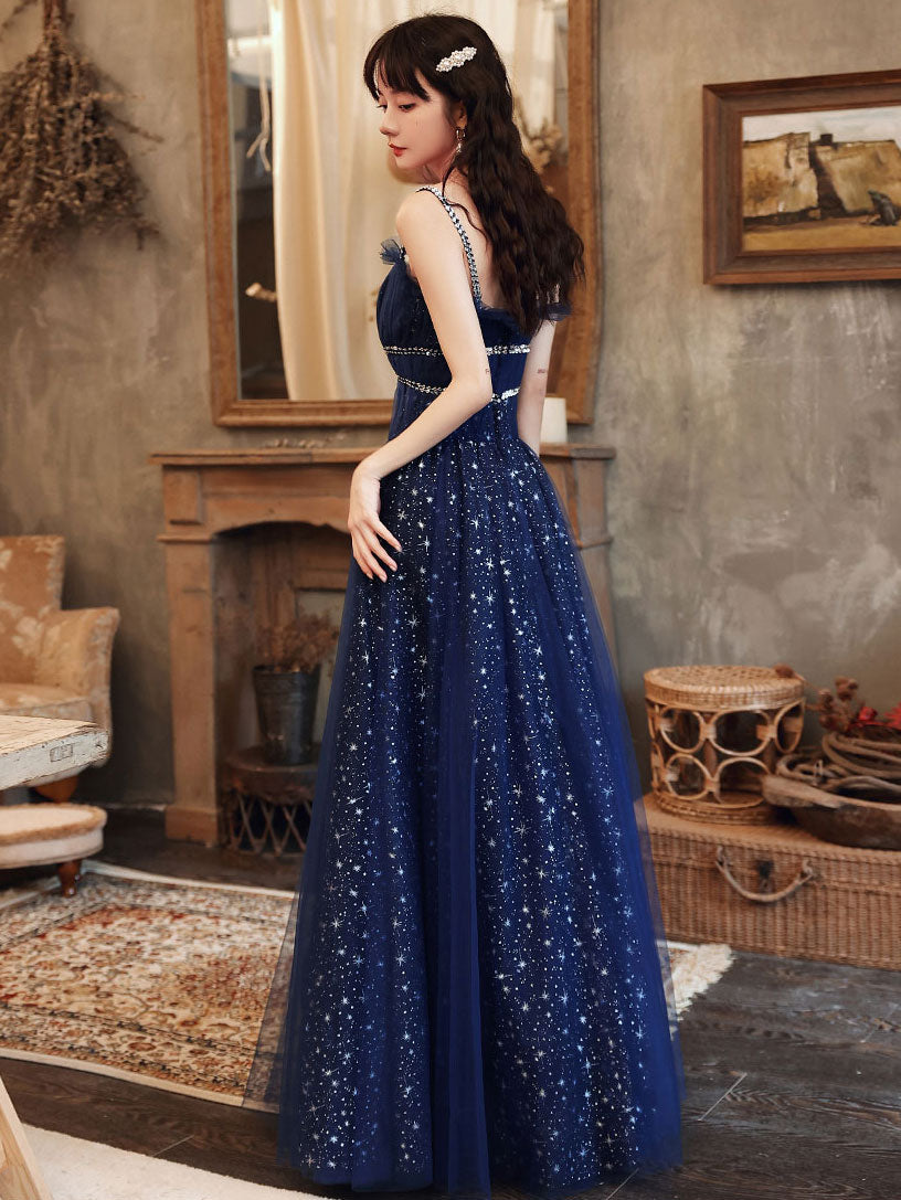 Elegant Blue Tulle A-Line Sequin Long Prom Dress for Women | Formal Evening Gown for Homecoming, Ball, and Special Occasions