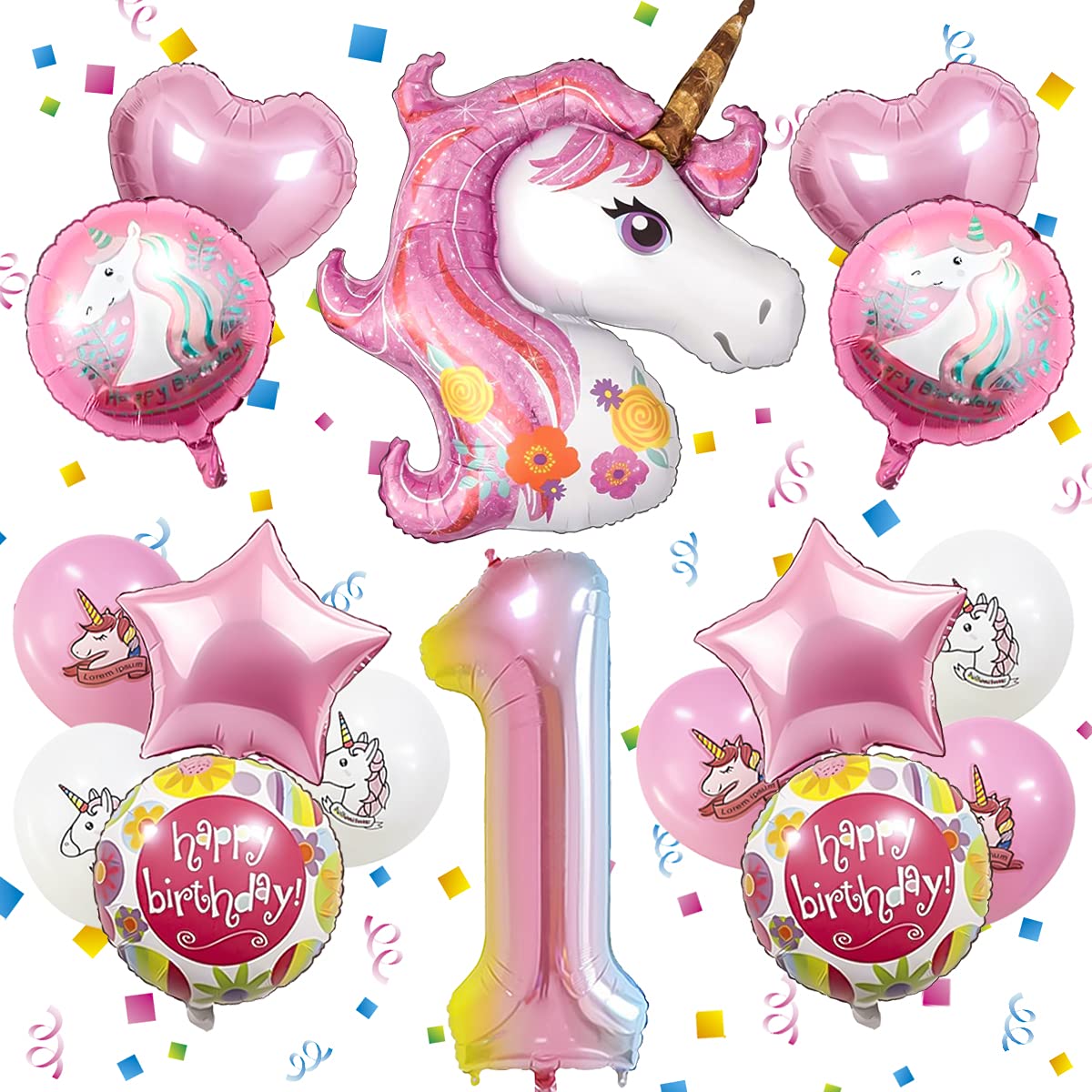 16pc Unicorn Balloon Bouquet Set - Mylar Unicorn Balloons for Girls Birthday Party Decorations, 1st Birthday, Baby Shower & Gender Reveal - Perfect for Party Backdrops, Photo Booths & Room Decor