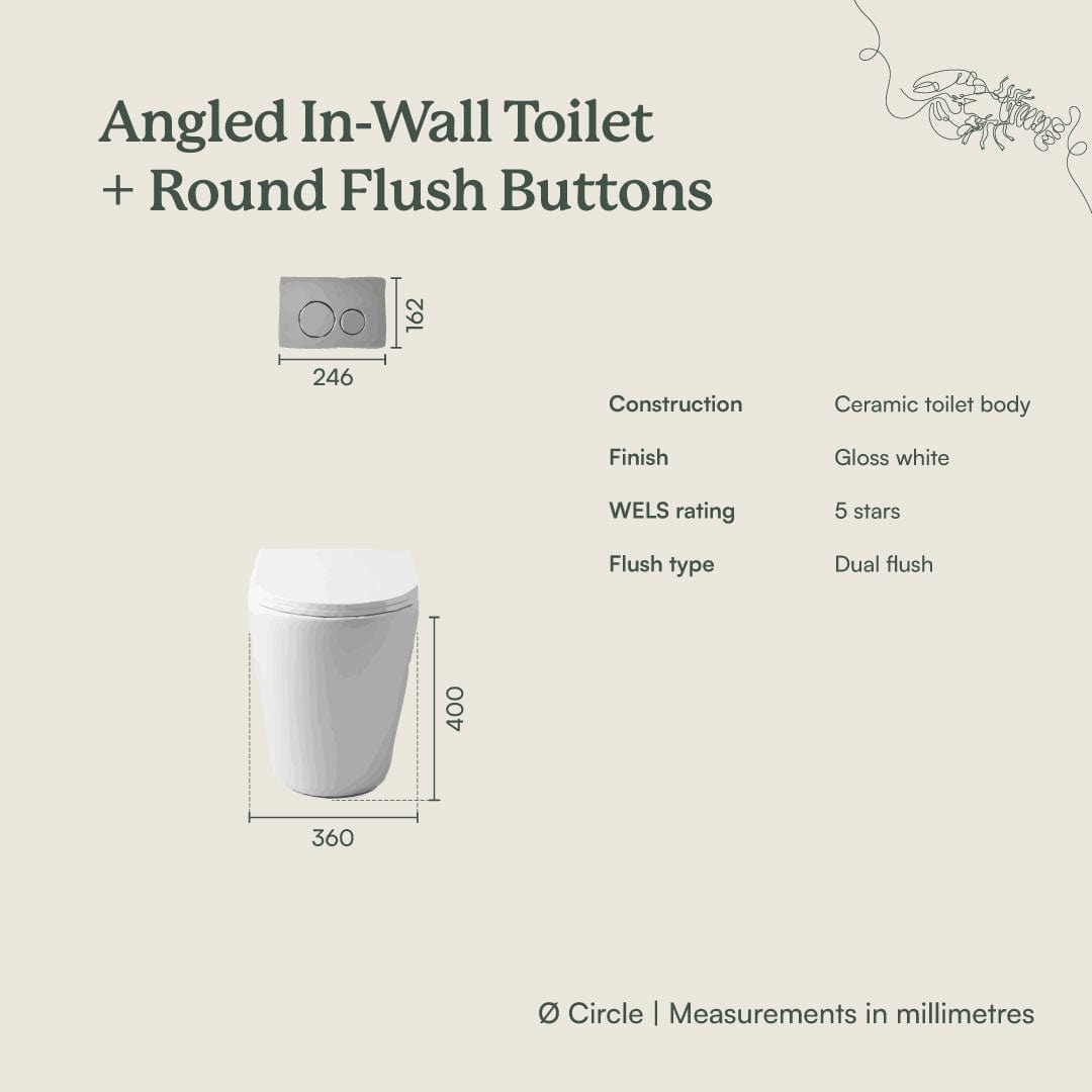 Angled In-Wall Toilet with Round Chrome Buttons - Modern Space-Saving Bathroom Solution for Small Spaces & Contemporary Homes