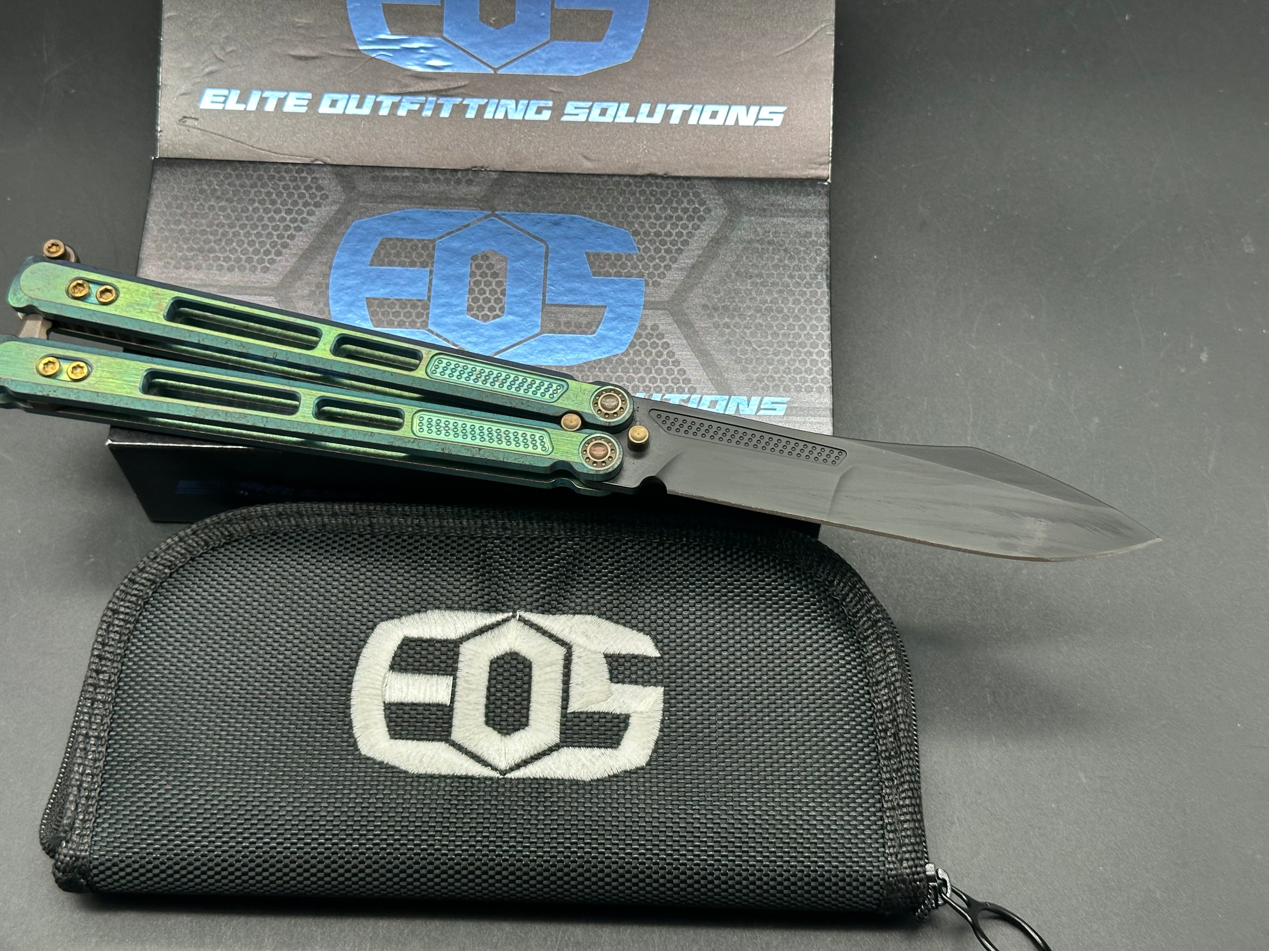 EOS Trident Balisong Butterfly Knife - Antique Green Bronze Titanium Handles with Gold Latch & Hardware | Collectible EDC Tool for Flipping Tricks & Outdoor Survival