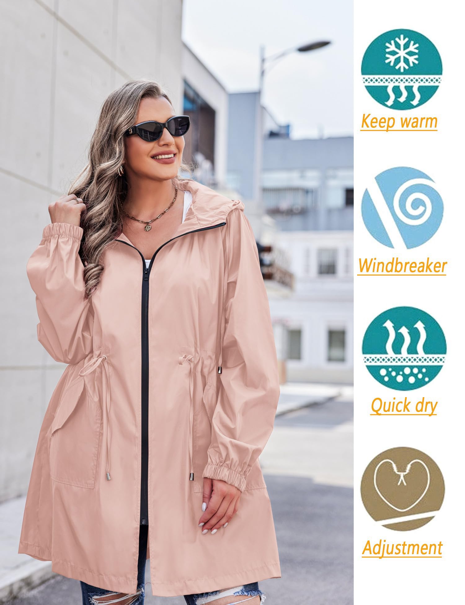 IN'VOLAND Women's Plus Size Lightweight Waterproof Rain Jacket with Hood & Pockets - Long Windbreaker Raincoat for Outdoor Activities, Commuting & Travel