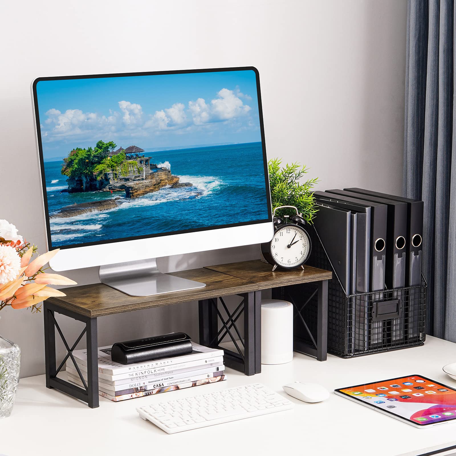 Giikin Wood Desktop Shelf - Adjustable 2-Tier Table Top Corner Shelf Stand for Kitchen Counter, Office Desk & Home Organization - Monitor Riser, Spice Rack, Cup Holder, Jar Organizer - Stackable Space-Saving Storage Solution for Small Spaces