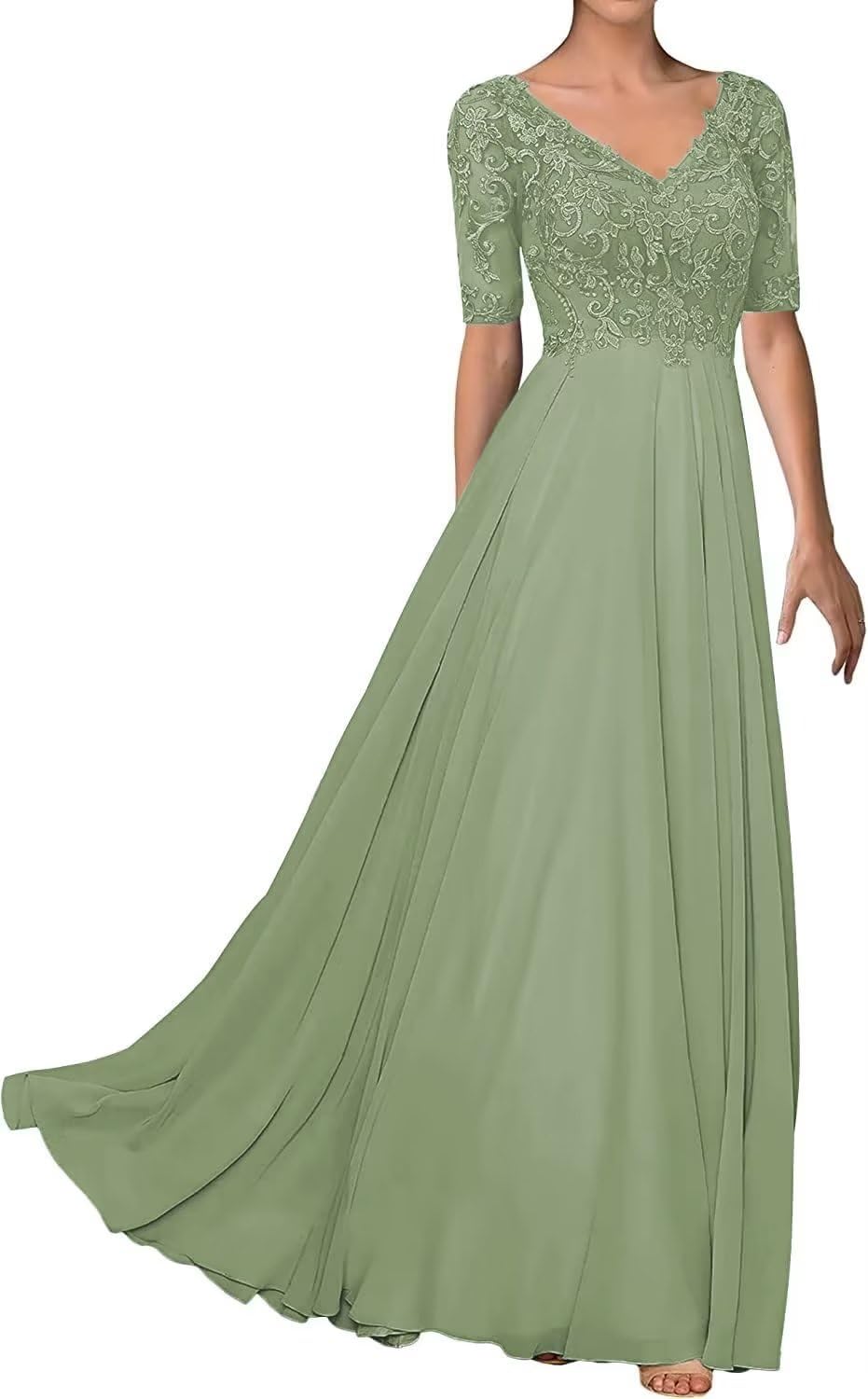 Elegant V-Neck Mother of the Bride Dress - Lace & Chiffon Formal Gown with Short Sleeves for Weddings, Evening Parties & Special Occasions