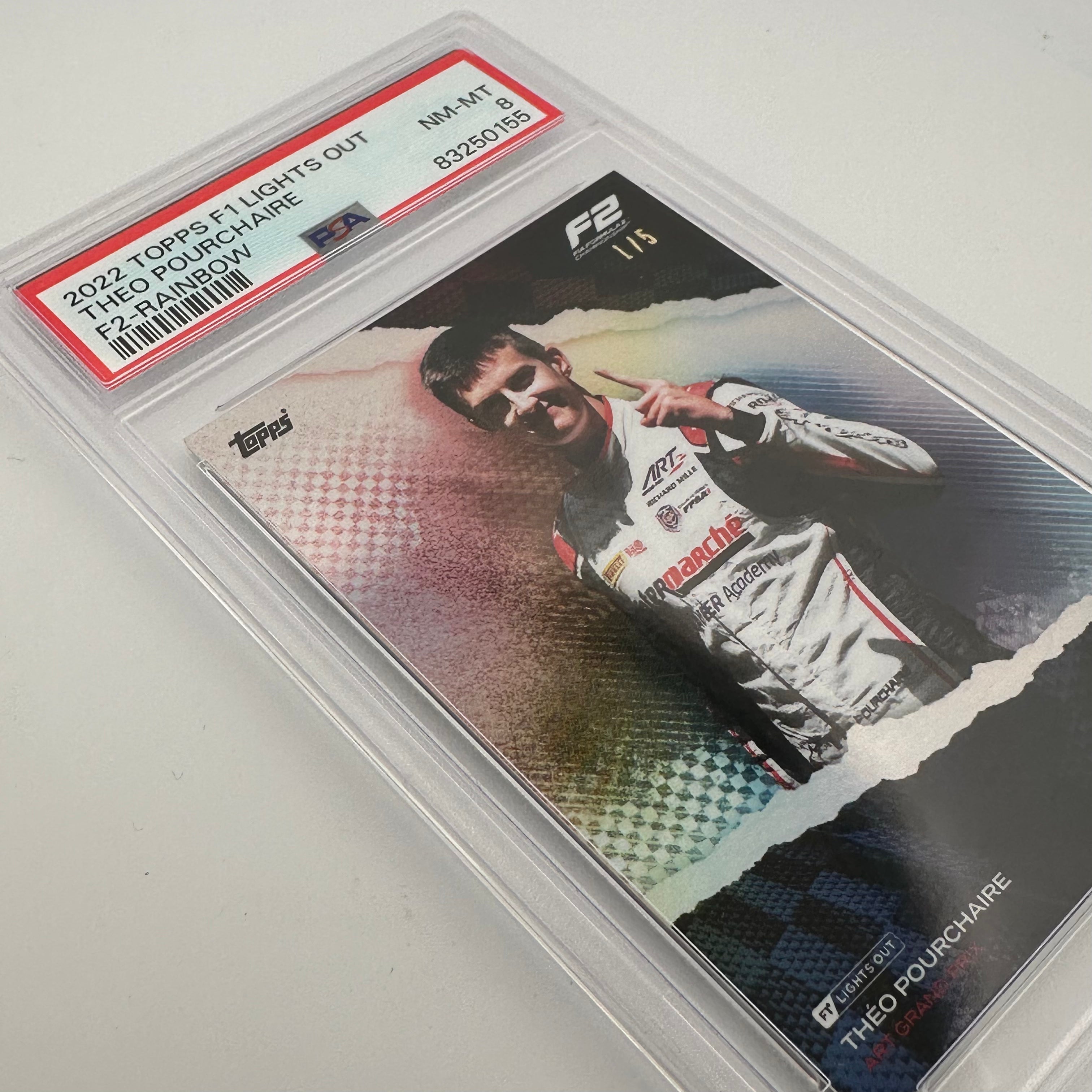 PSA 8 Graded 1/5 Theo Pourchaire F2 Rainbow Racing Card - Collectible Motorsport Memorabilia for Fans & Investors | Perfect for Display, Trading, and Portfolio Diversification