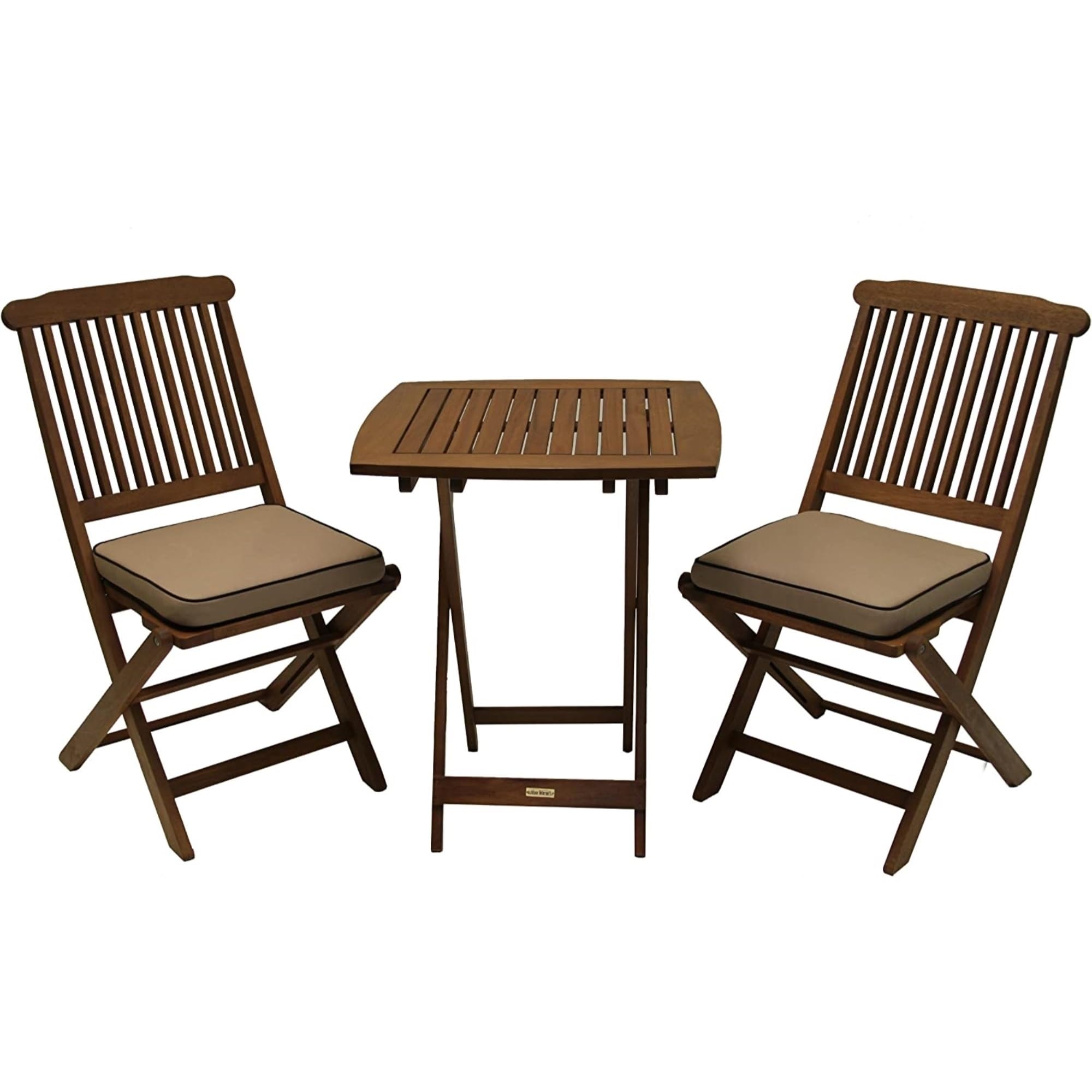 Premium Eucalyptus Wood 3-Piece Square Foldable Bistro Set - Outdoor Patio Furniture with Table & 2 Cushioned Chairs (Beige) - Perfect for Garden, Balcony, and Backyard Relaxation