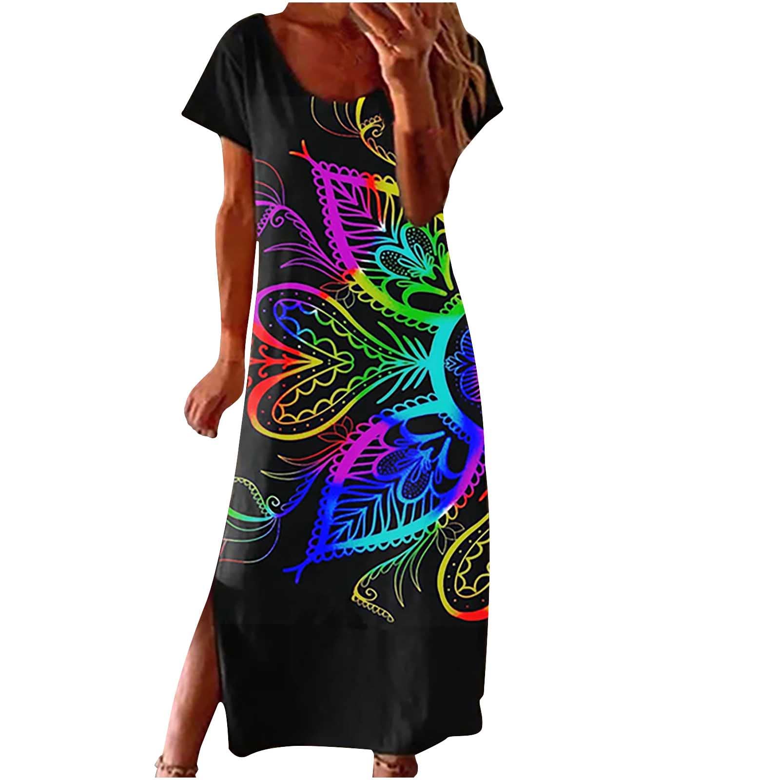 Women's Vintage Print Summer Vacation Dress - Casual Round Neck Short Sleeve Long Dress for Beach, Travel & Outdoor Activities