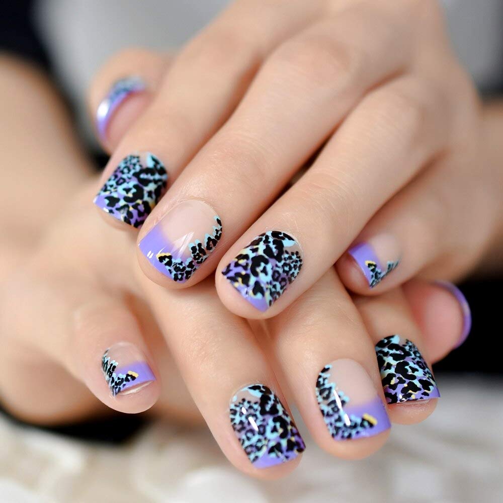 Natural Nude Purple French Press on Nails - Leopard Print Fake Nails for Daily Office Wear & Manicure | Easy to Apply False Nails for Work, Parties & Special Occasions