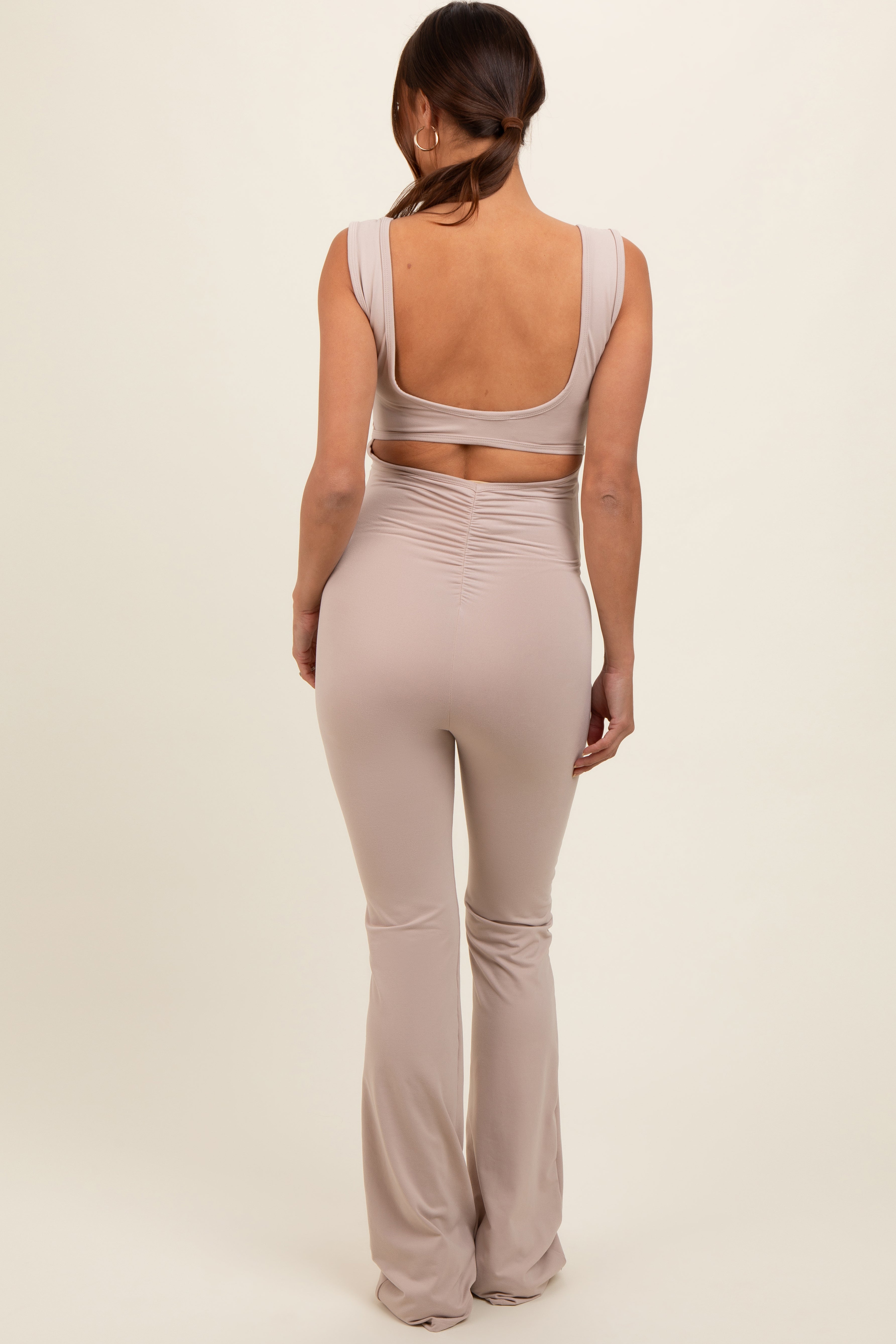 Beige Open Back Ruched Sleeveless Maternity Jumpsuit for Women - Stretchy Pregnancy Romper - Perfect for Baby Showers, Maternity Photos & Summer Outfits
